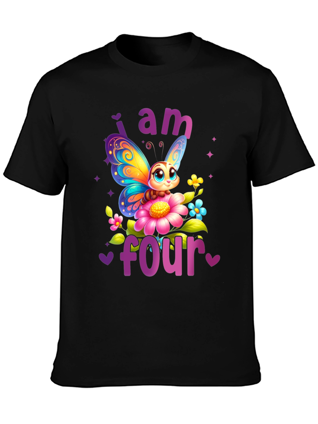 Black Cute Butterfly 4th Birthday T-Shirt view 3