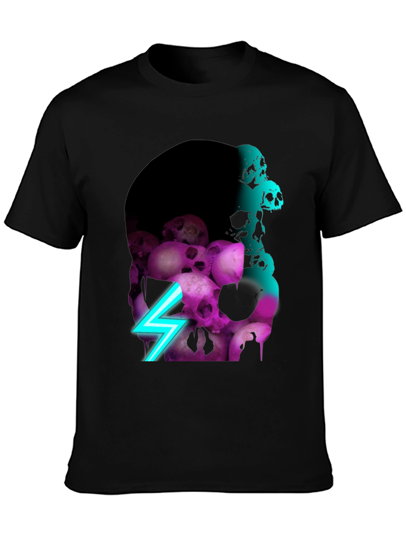 Black Skull Pile Graphic Tee - Neon Lightning Bolt Design view 3