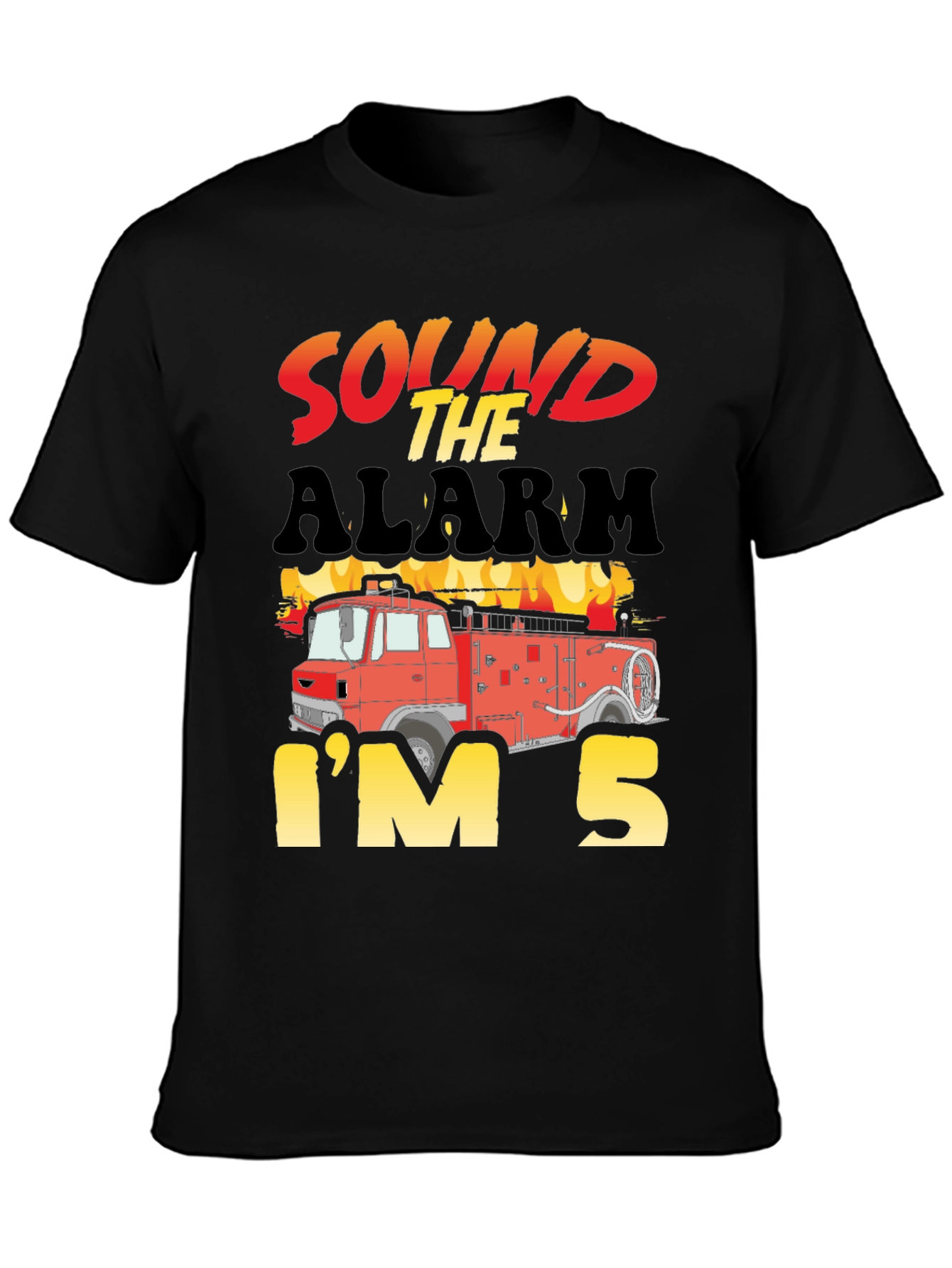Black Sound the Alarm, I'm 5! Fire Truck Kids Birthday T-Shirt view 3