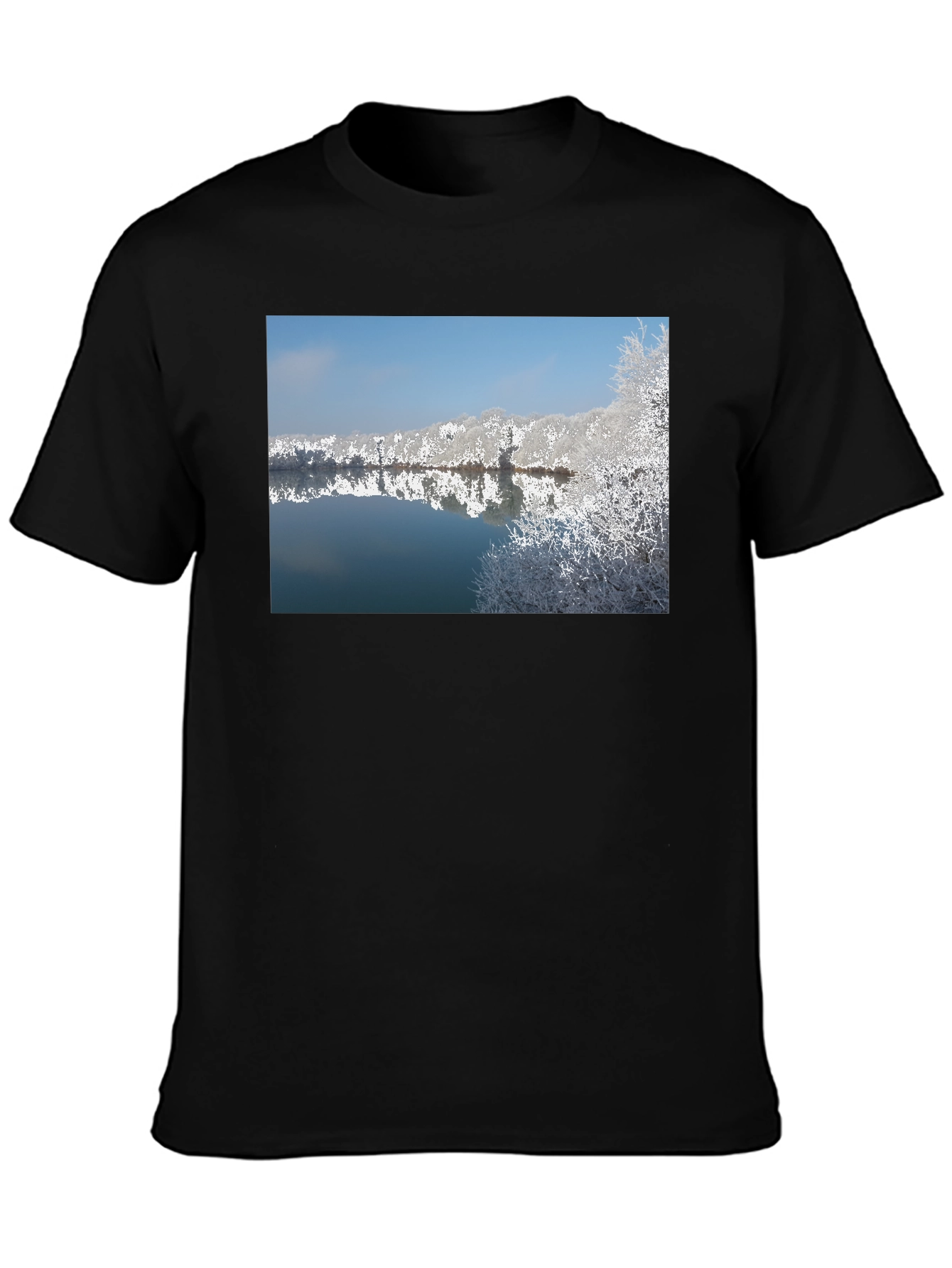 Black Winter Lake Reflection Black T-Shirt view 3