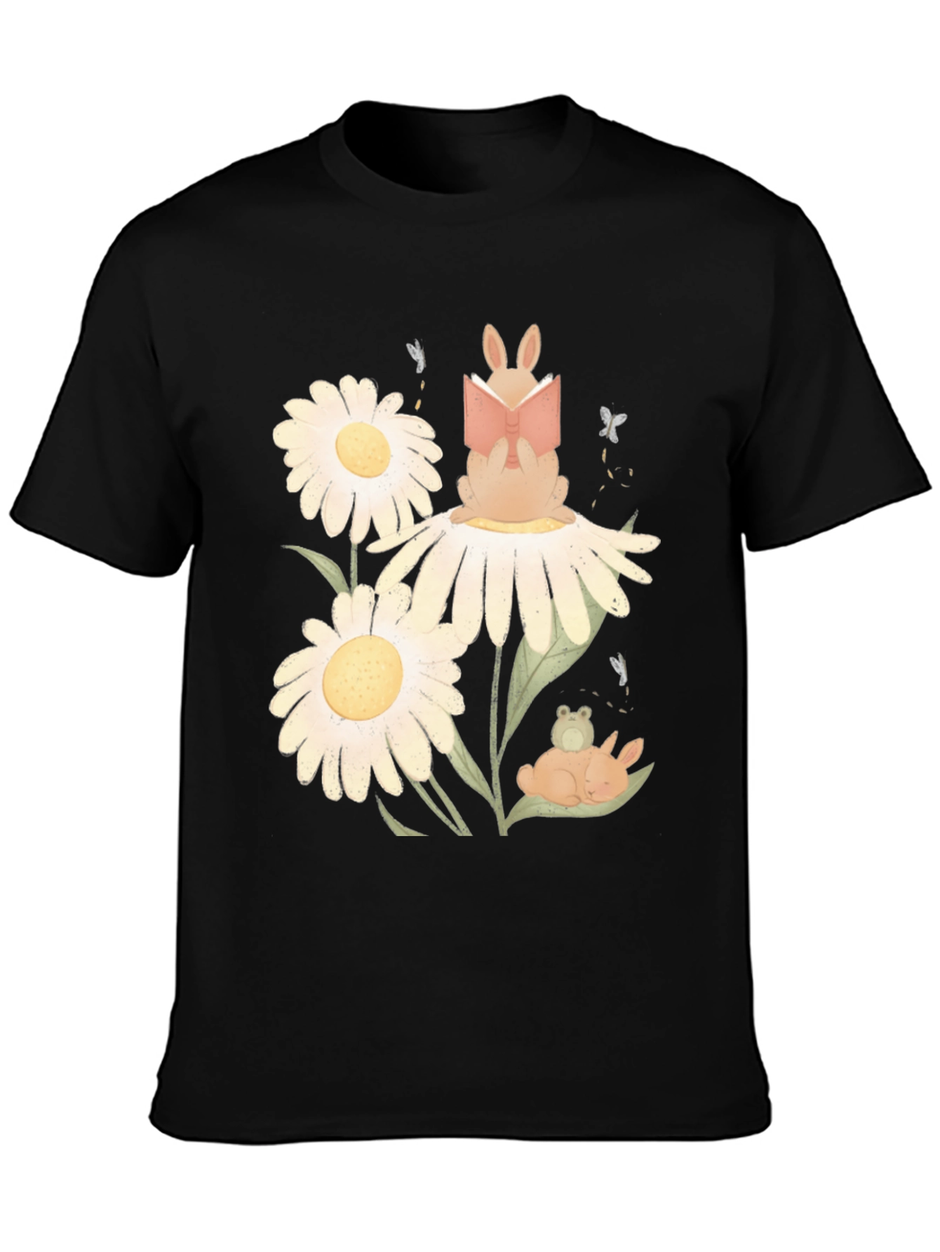 Black Whimsical Reading Bunny Graphic Tee view 3