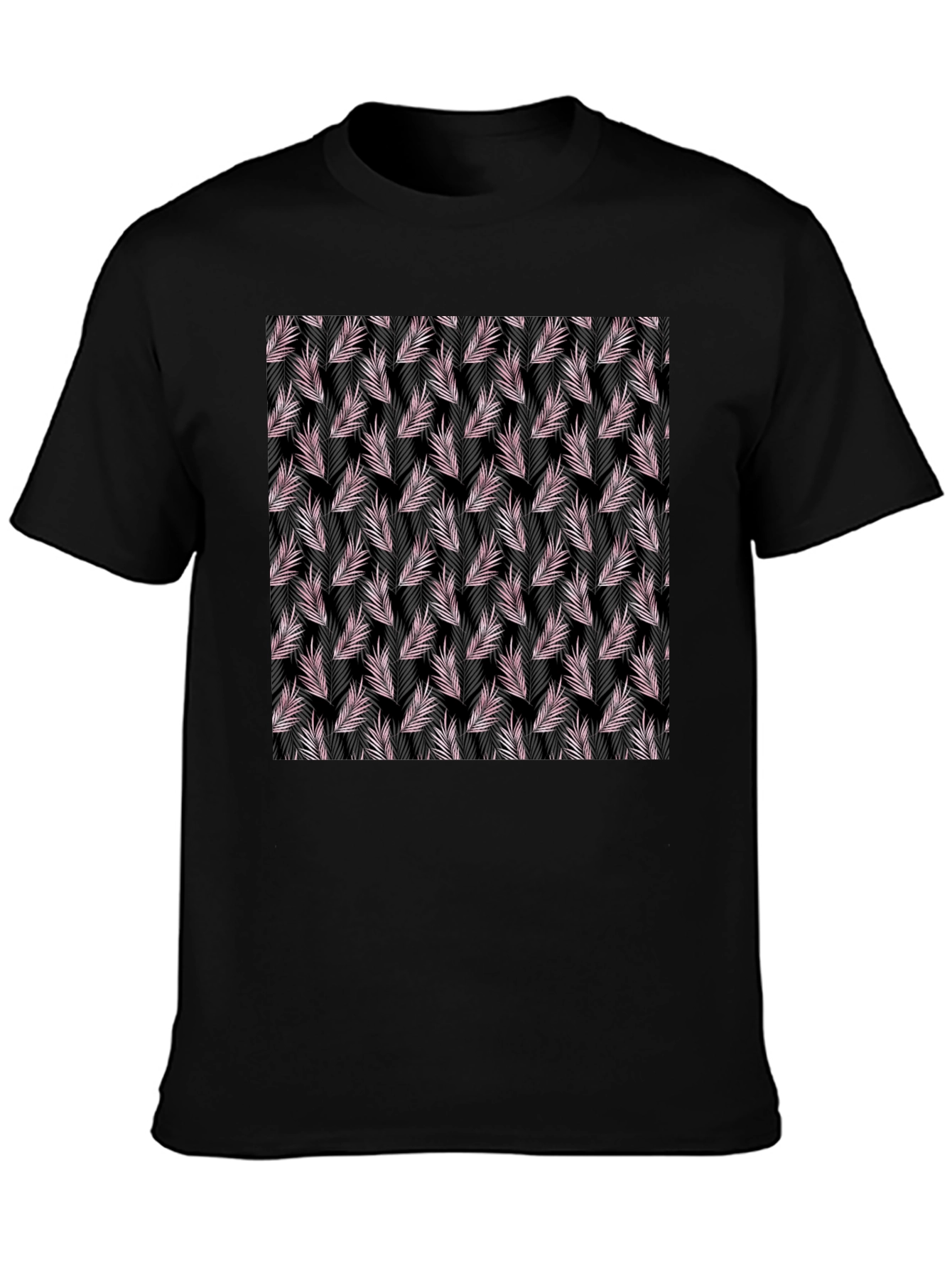 Black Tropical Leaf Pattern Black T-Shirt view 3