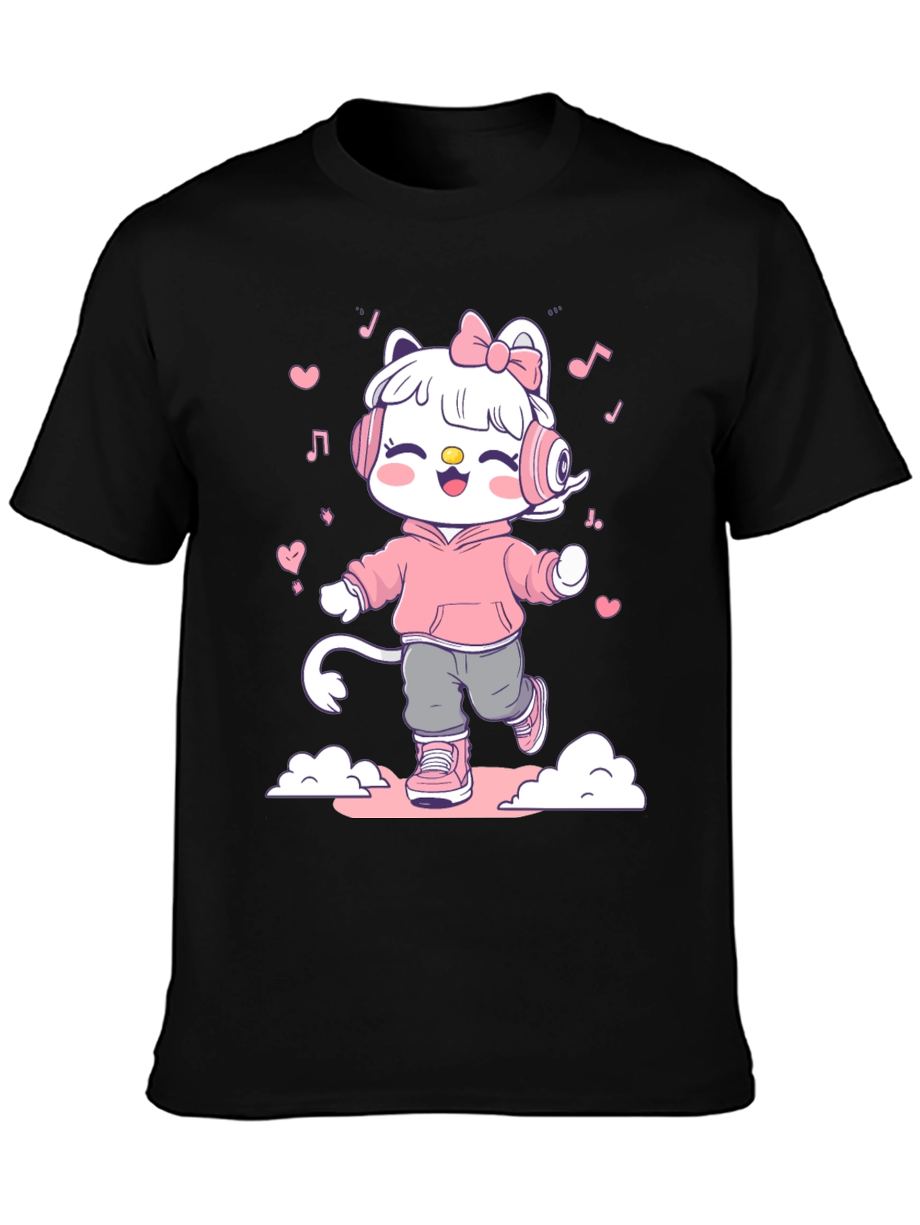 Black Cute Cartoon Cat on Black T-Shirt view 3