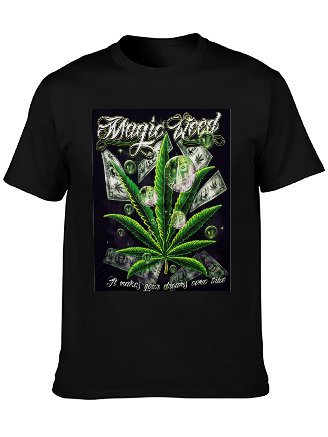 Black Magic Weed Graphic Print Black T-Shirt view 3