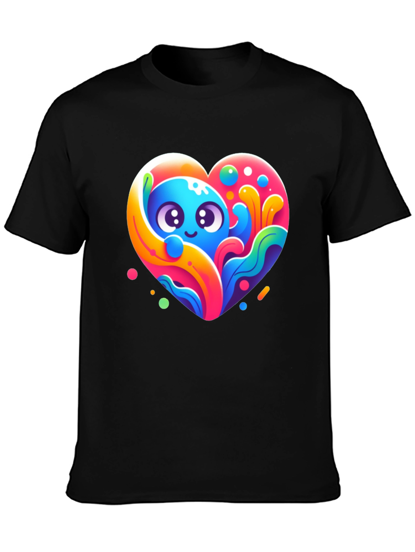 Black Cute Cartoon Heart Graphic Black T-Shirt view 3