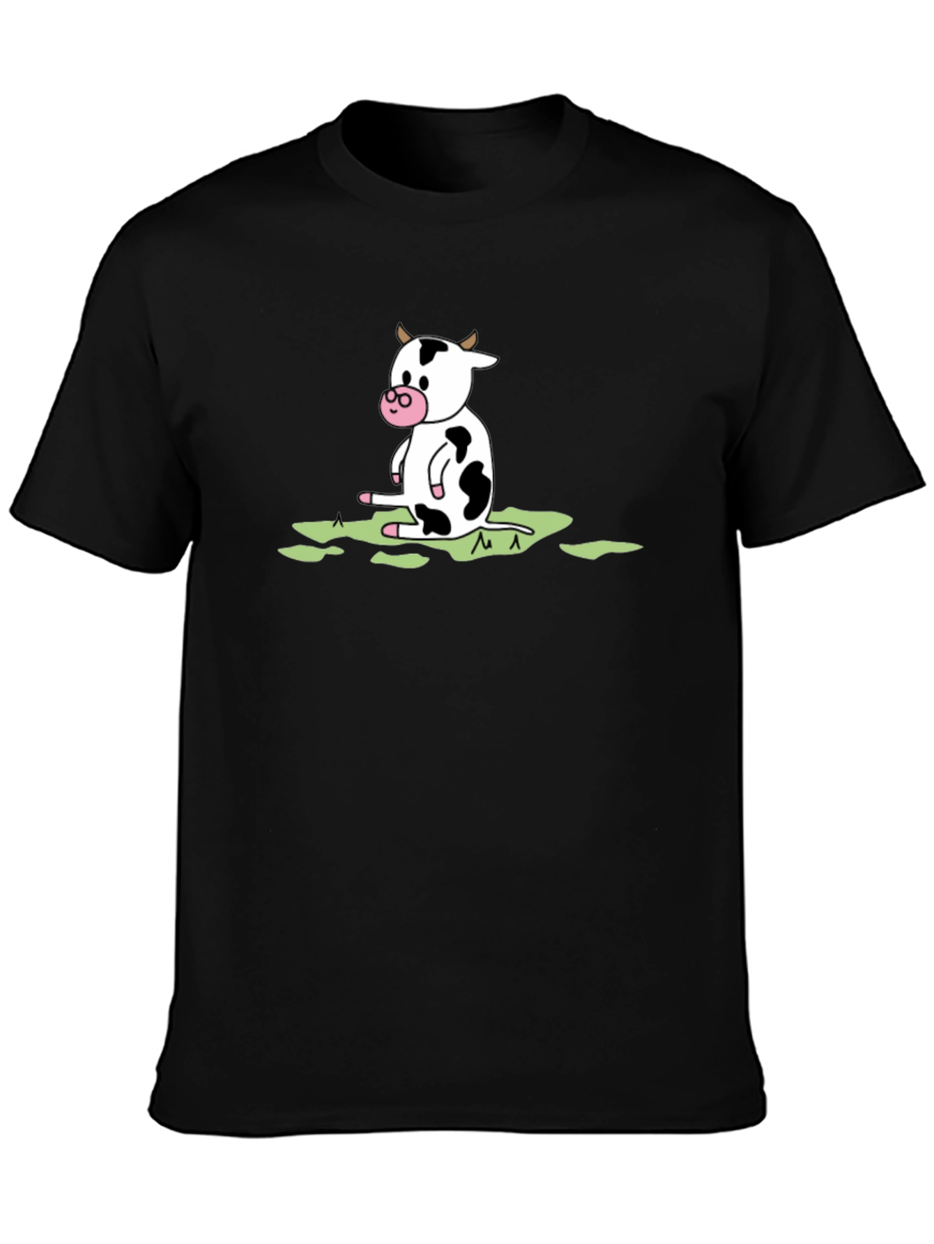 Black Cow Cartoon Graphic Tee - Black Cotton T-Shirt view 3
