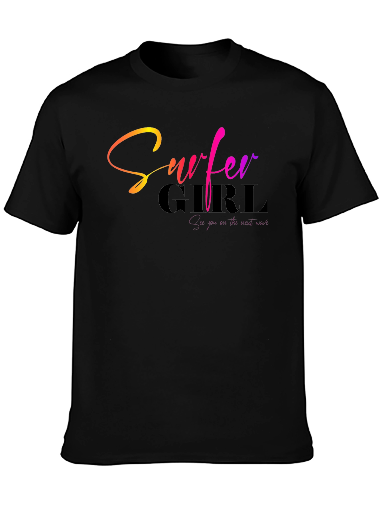 Black Surfer Girl Gradient Text Black T-Shirt view 3