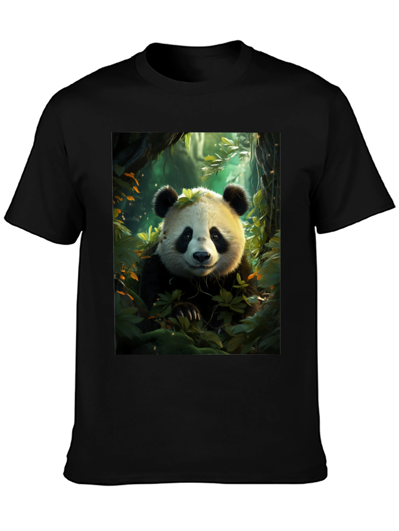 Black Panda in Forest Black T-Shirt view 3