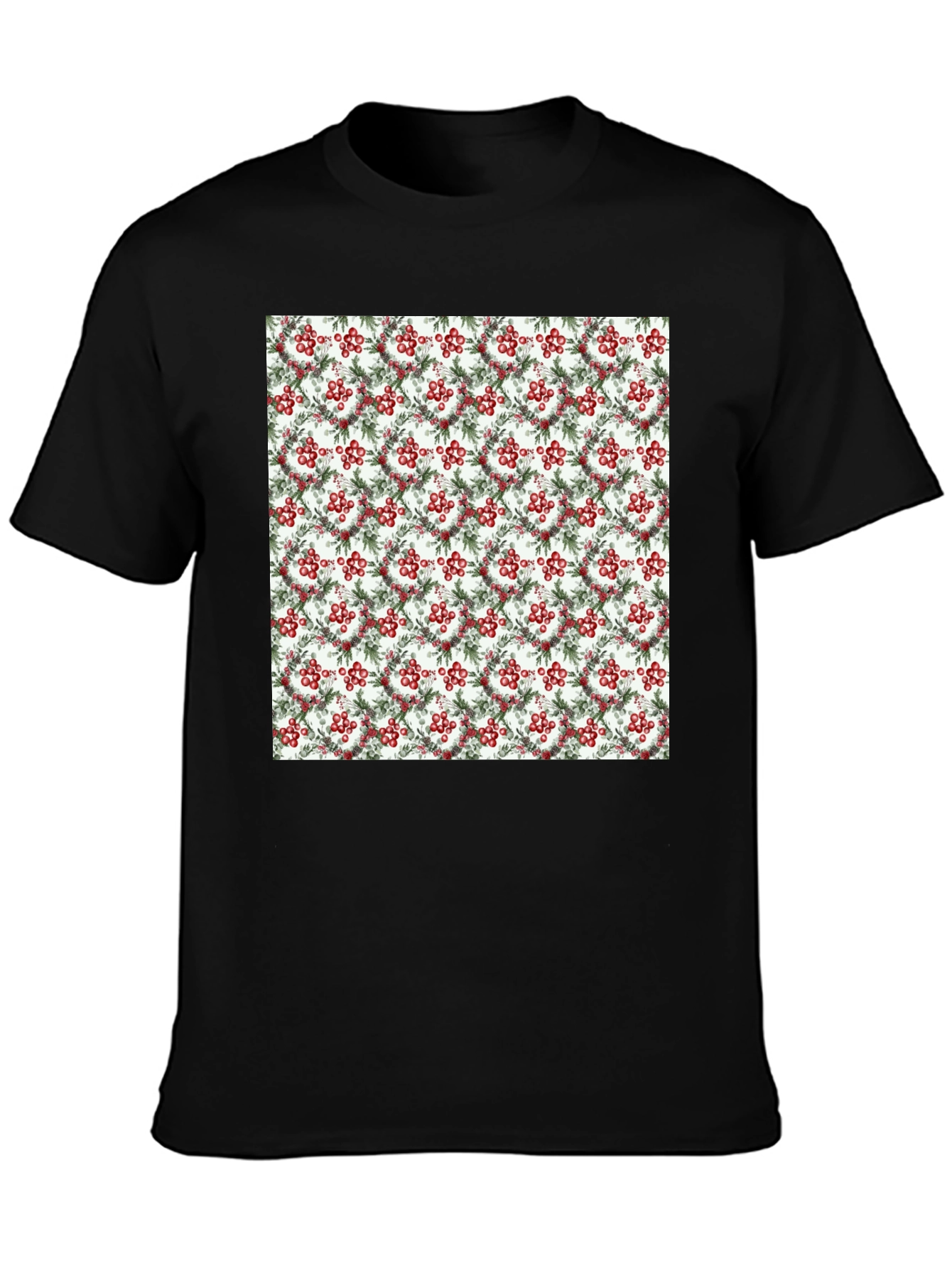Black Festive Berry Wreath Pattern Black T-Shirt view 3