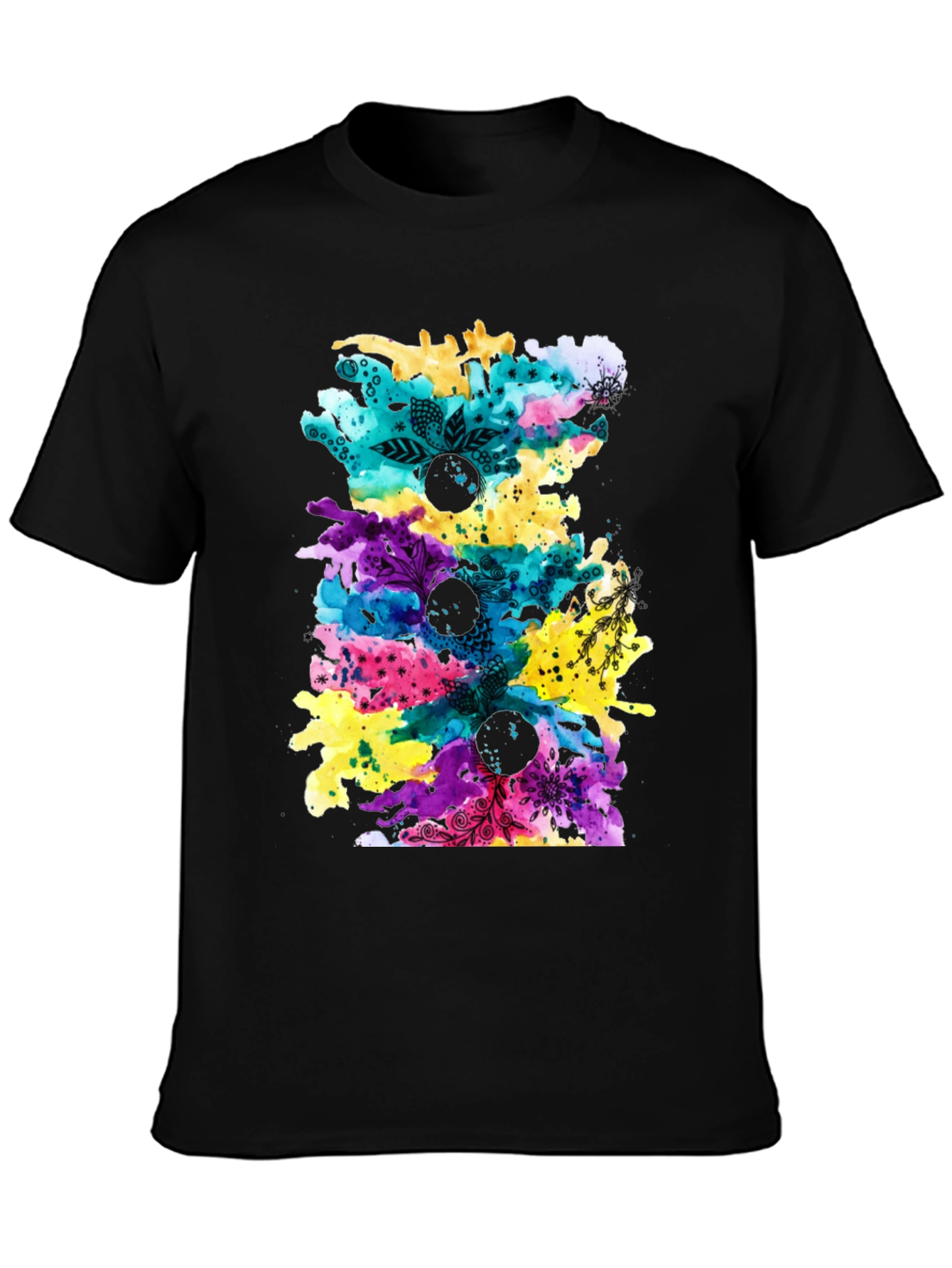 Black Abstract Watercolor Print Black T-Shirt view 3