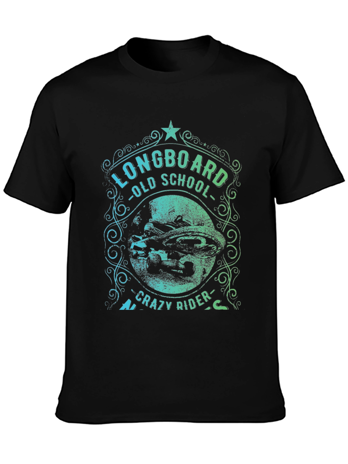 Black Longboard Old School Crazy Rider Graphic T-Shirt view 3