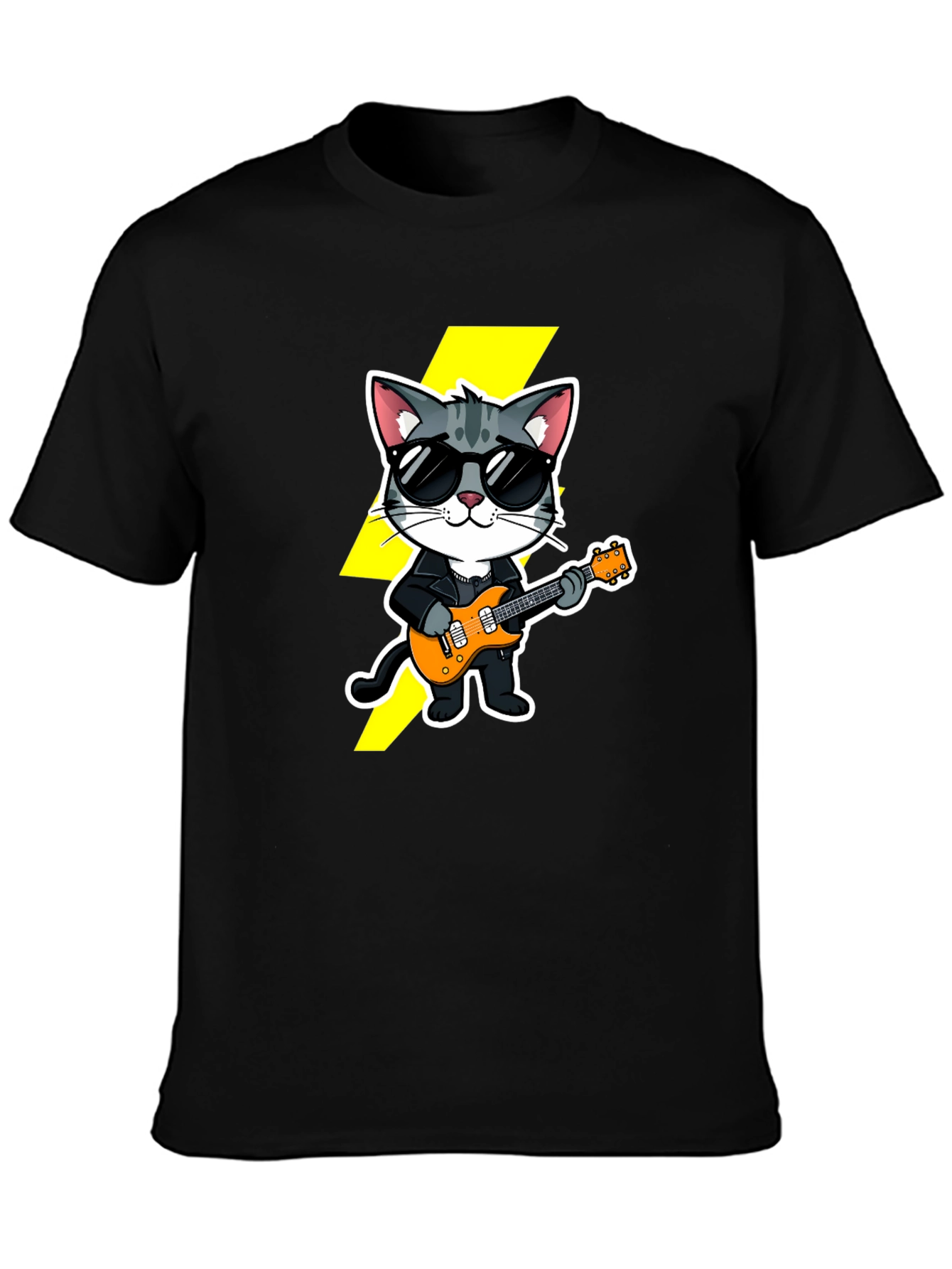 Black Cool Cat Guitarist Black T-Shirt view 3