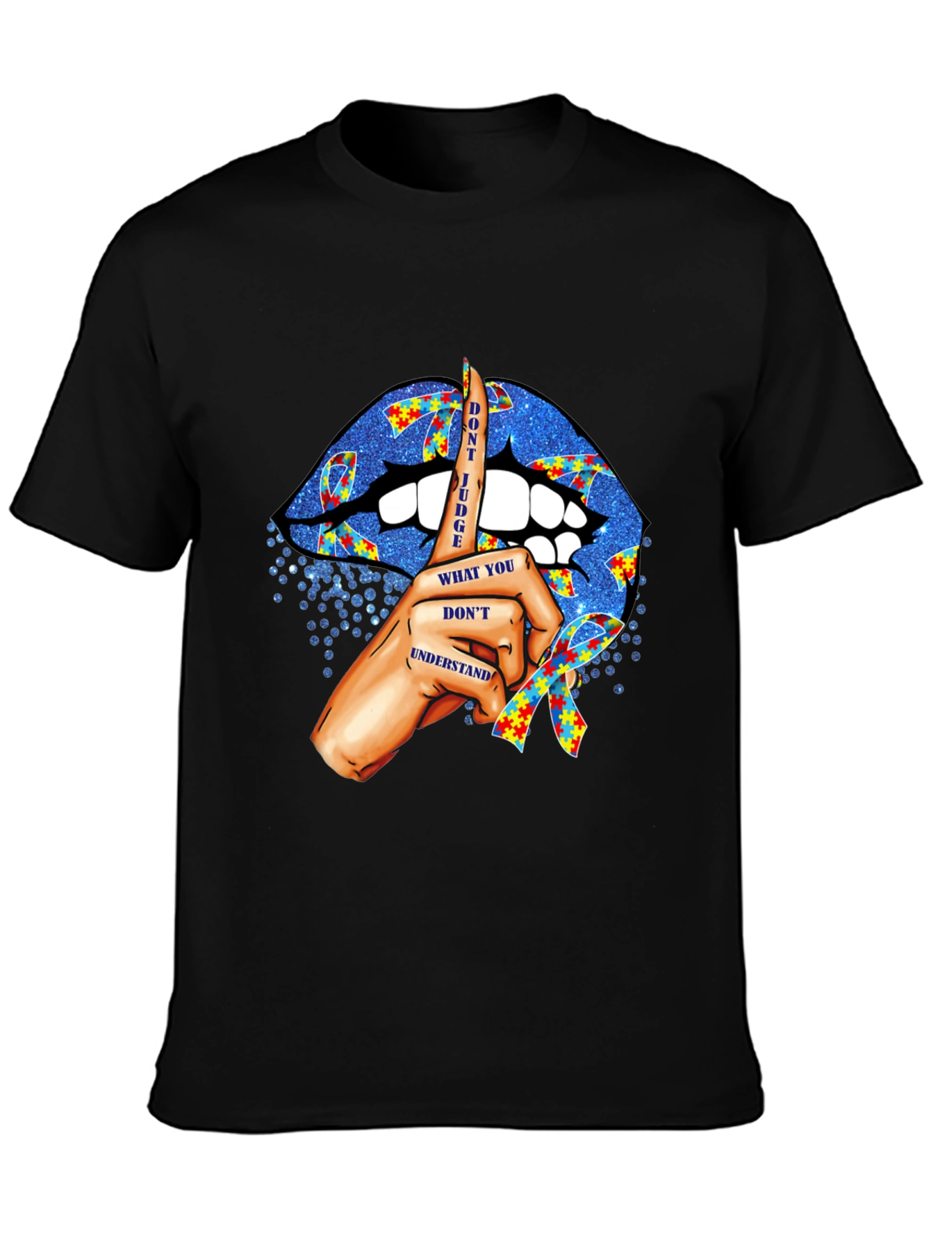 Black Autism Awareness Lips T-Shirt - Don't Judge view 3