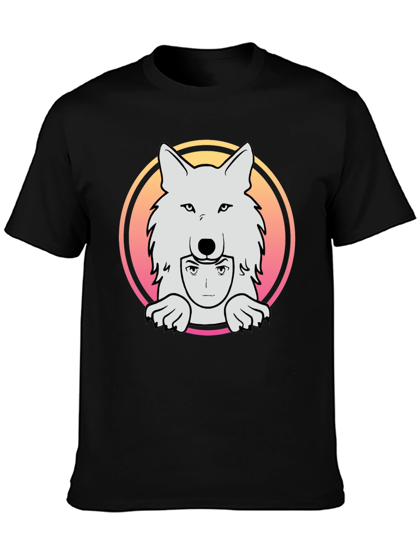 Black Anime Wolf Graphic Tee - Black Cotton T-Shirt view 3