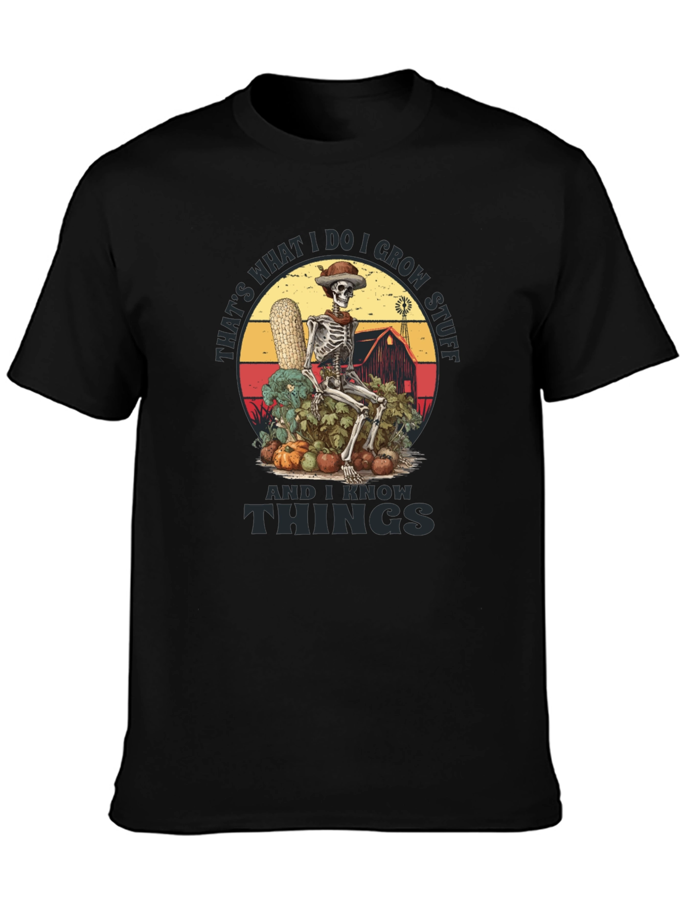 Black Funny Farmer Skeleton T-Shirt - I Grow Stuff & I Know Things Tee view 3
