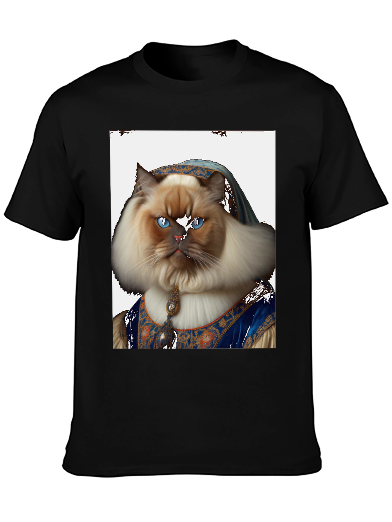 Black Renaissance Cat Portrait T-Shirt - Black view 3