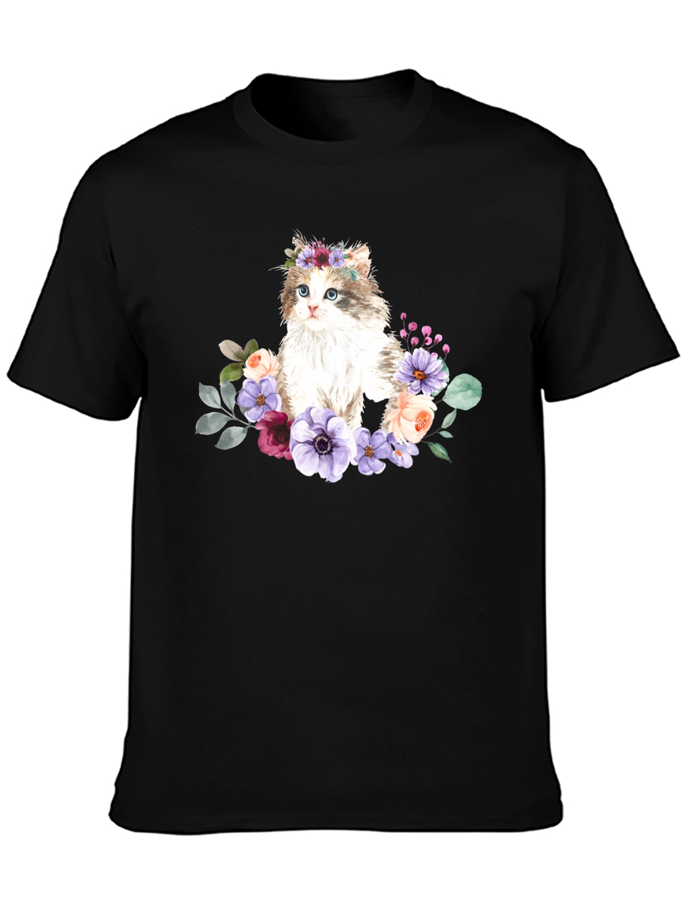 Black Floral Cat Graphic T-Shirt - Black view 3