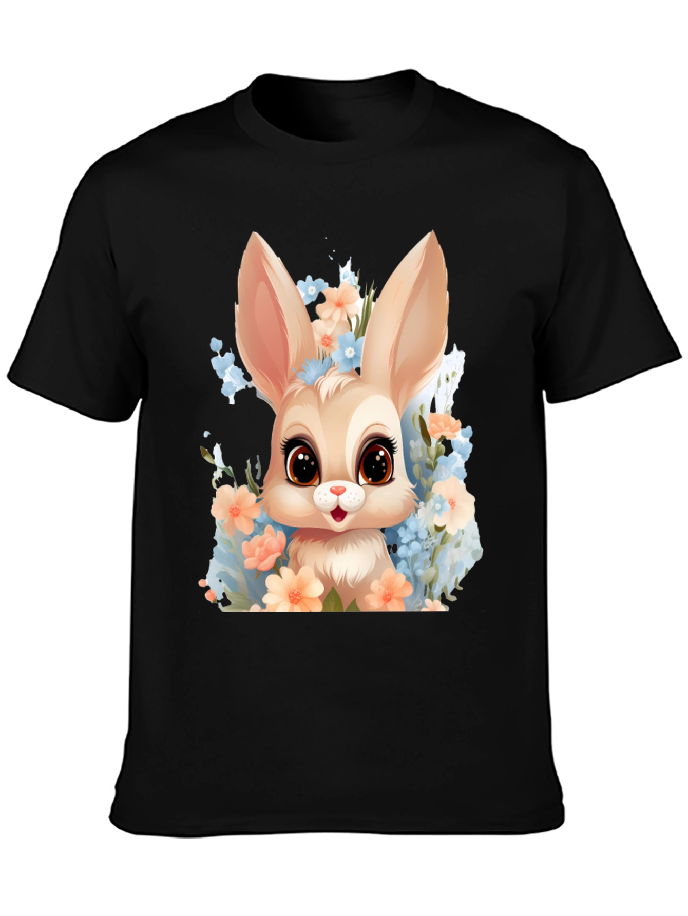 Black Cute Bunny in Flowers Graphic T-Shirt view 3
