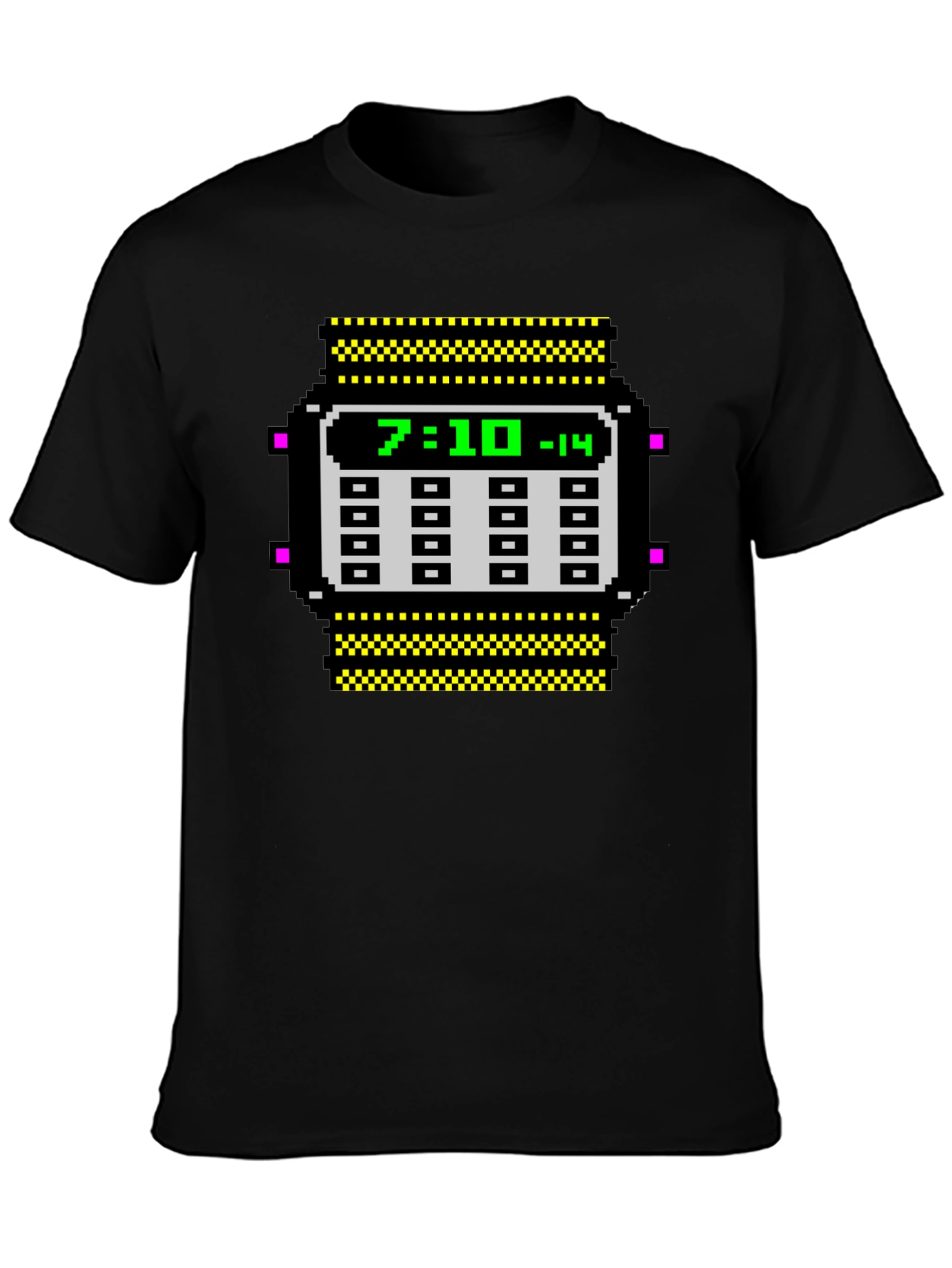 Black Retro Pixel Watch T-Shirt - Geeky Timepiece Design view 3