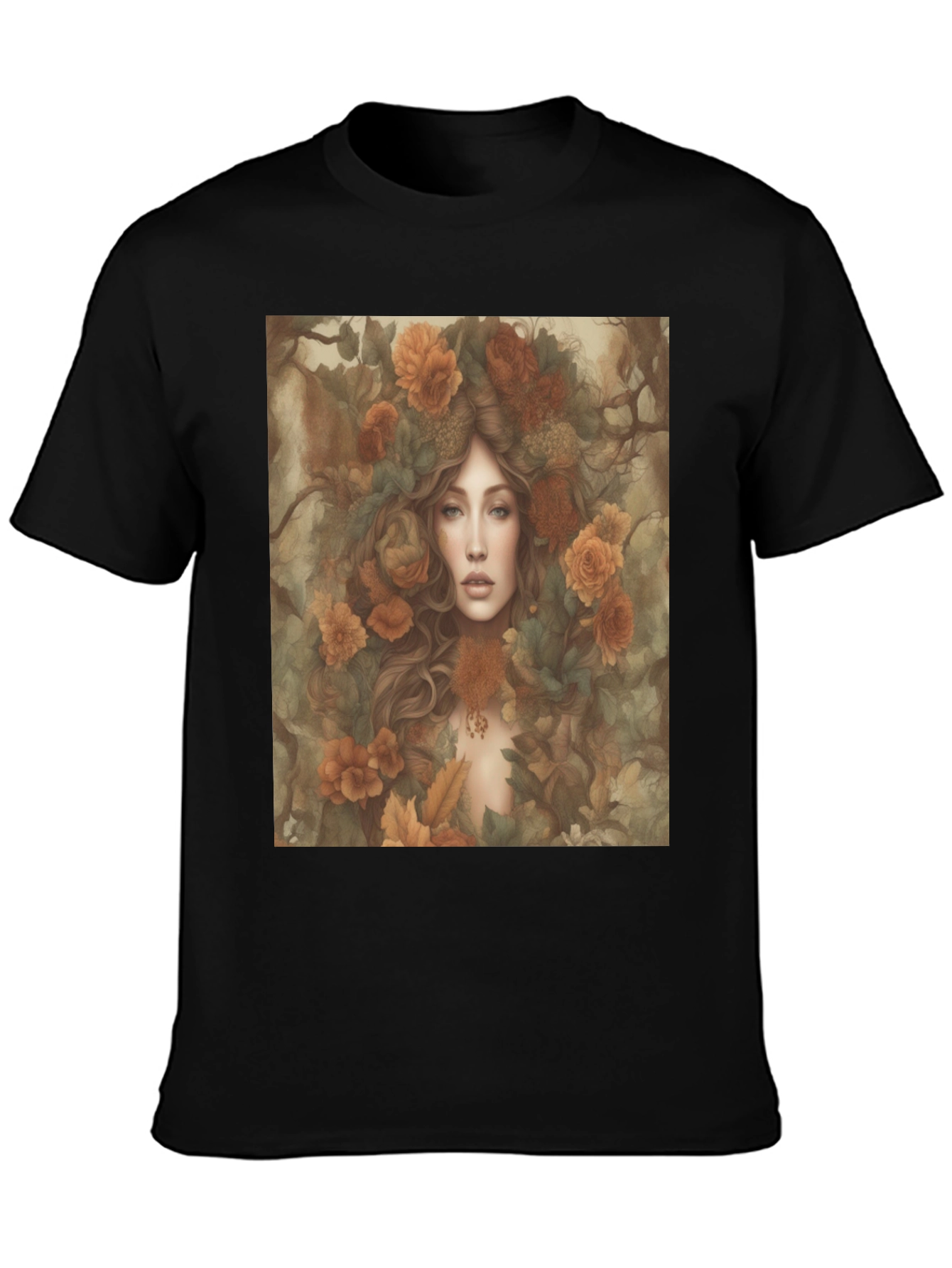 Black Floral Fantasy T-Shirt: Woman with Autumn Flowers view 3