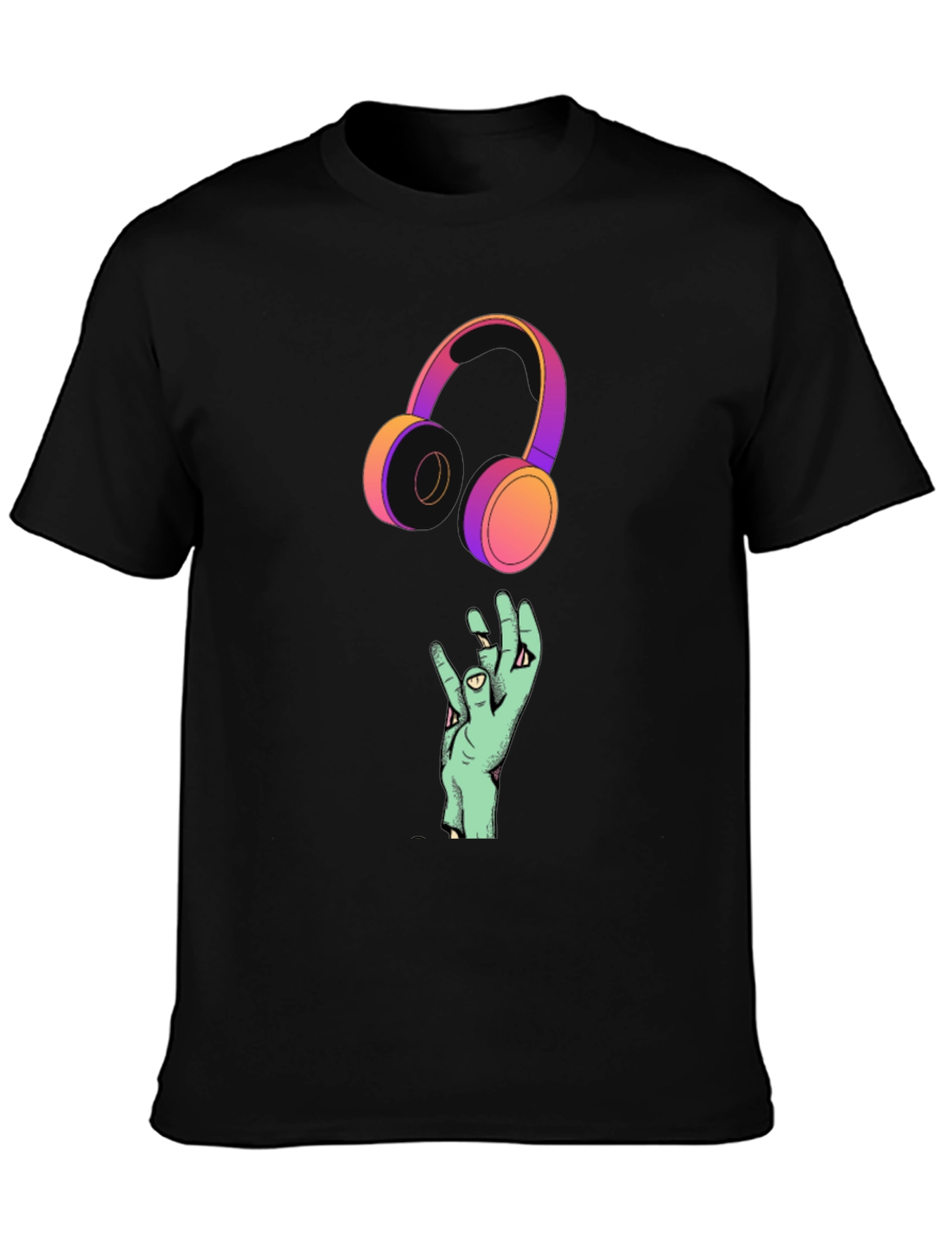 Black Cool Graphic T-Shirt with Headphones and Hand Design view 3