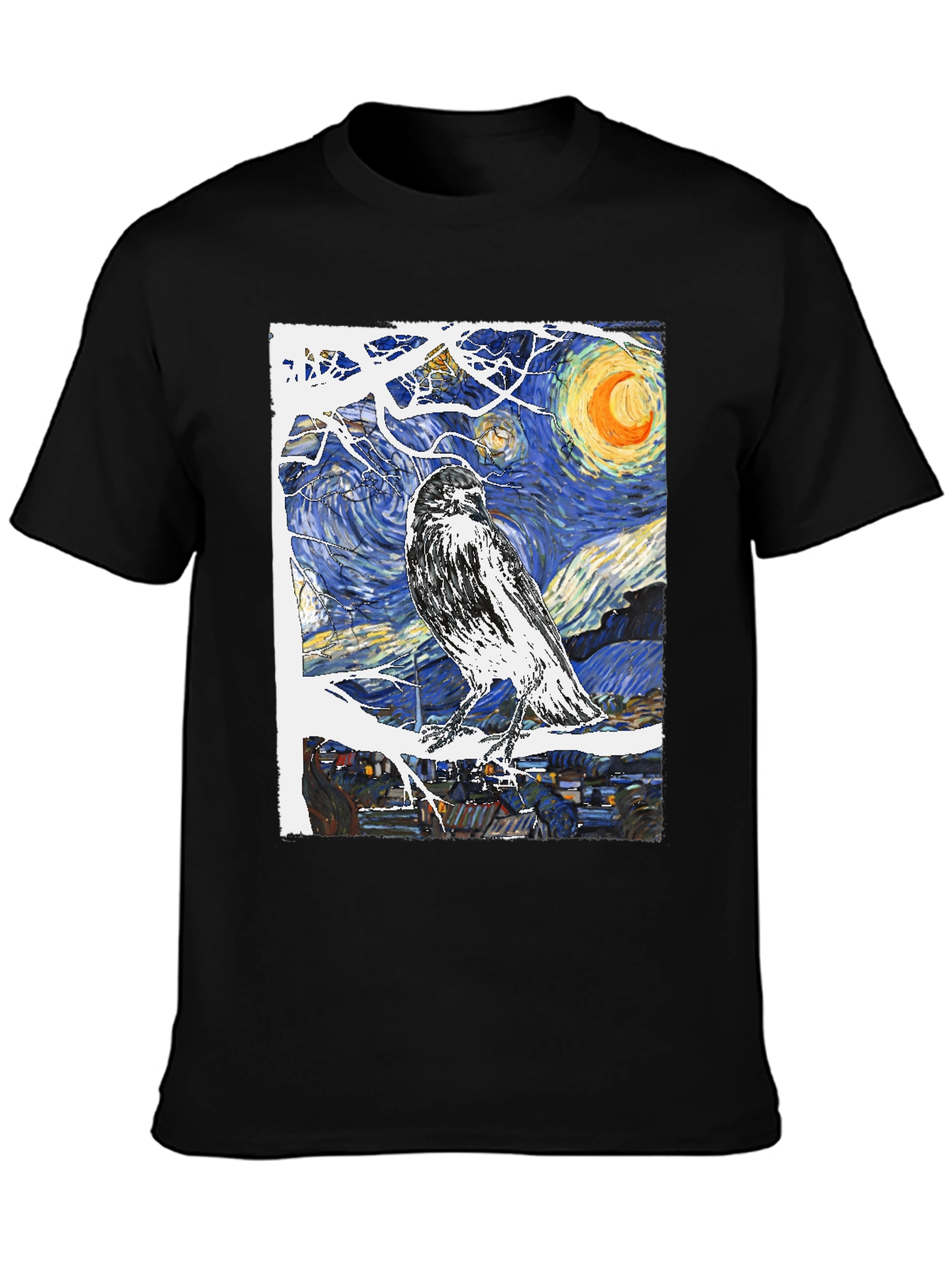 Black Starry Night Raven T-Shirt Art Tee view 3