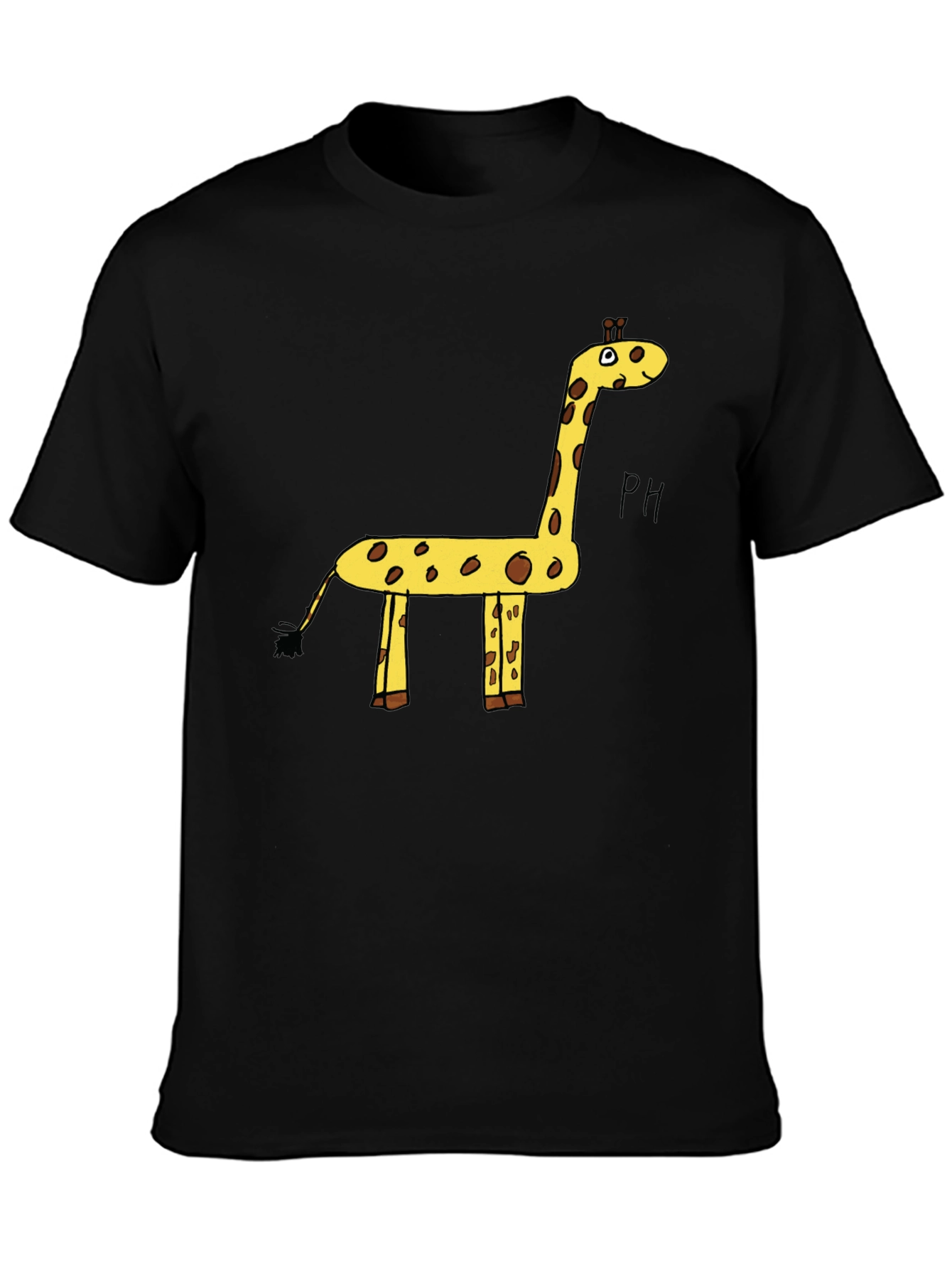 Black Giraffe Cartoon Graphic Tee - Black Cotton T-Shirt view 3