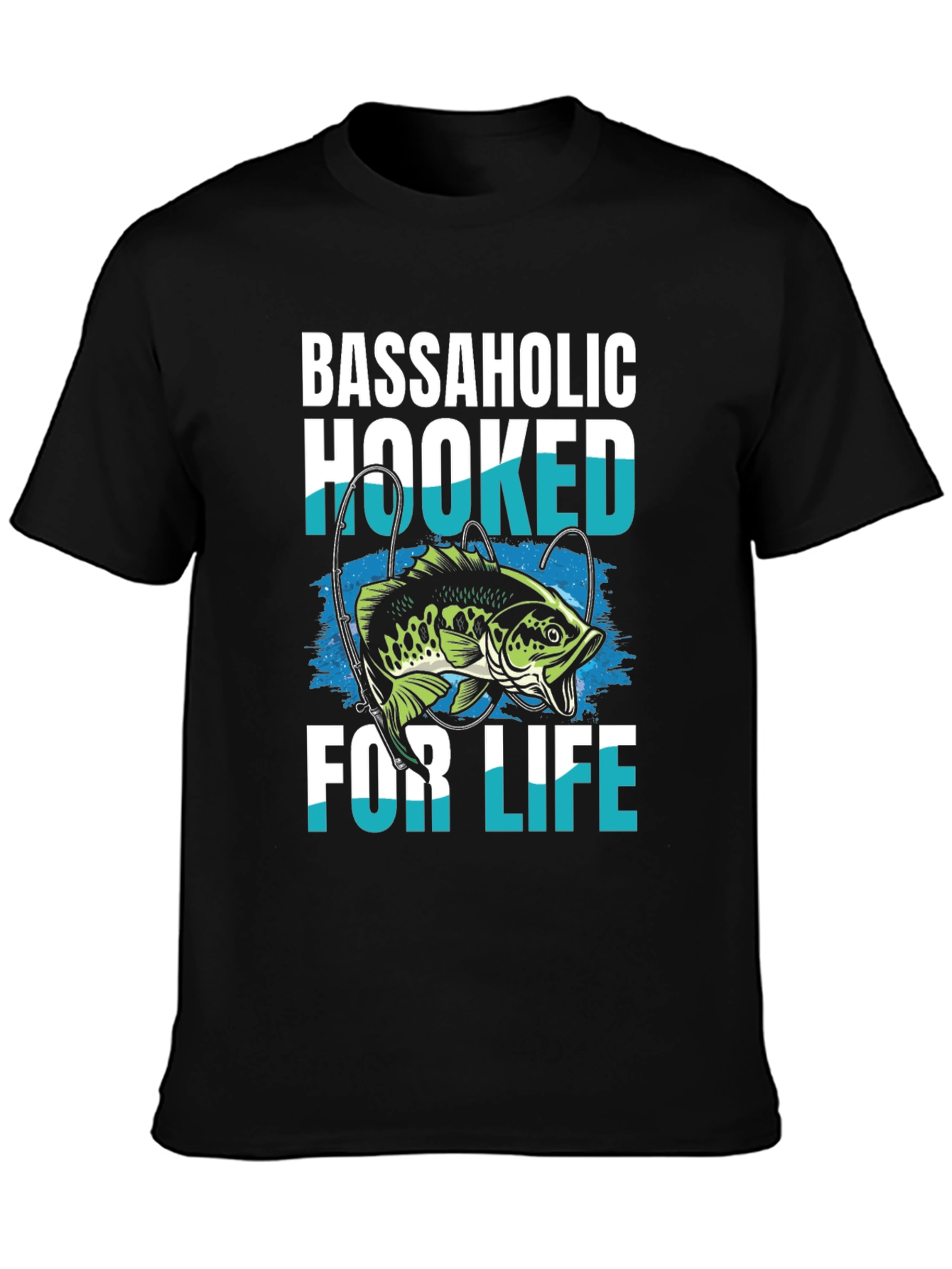 Black Bassaholic Hooked for Life T-Shirt Fishing Angler view 3