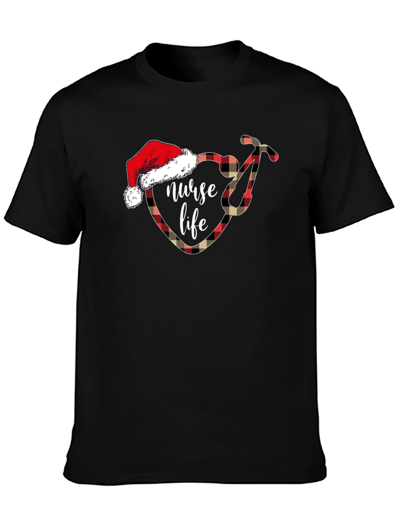 Black Nurse Life Christmas Plaid Stethoscope T-Shirt view 3