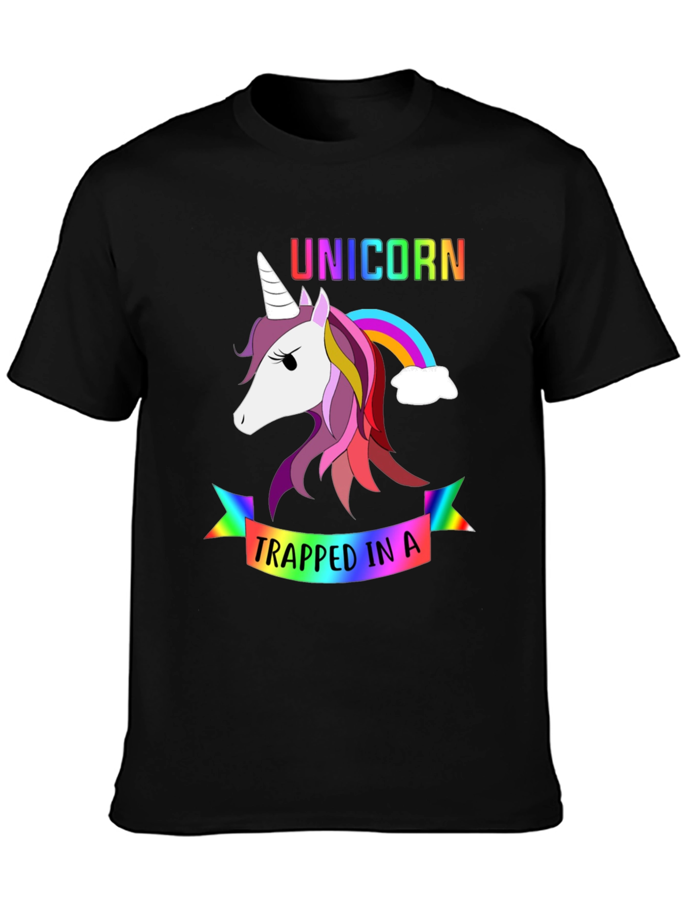 Black Unicorn Trapped in a Rainbow Graphic Tee view 3