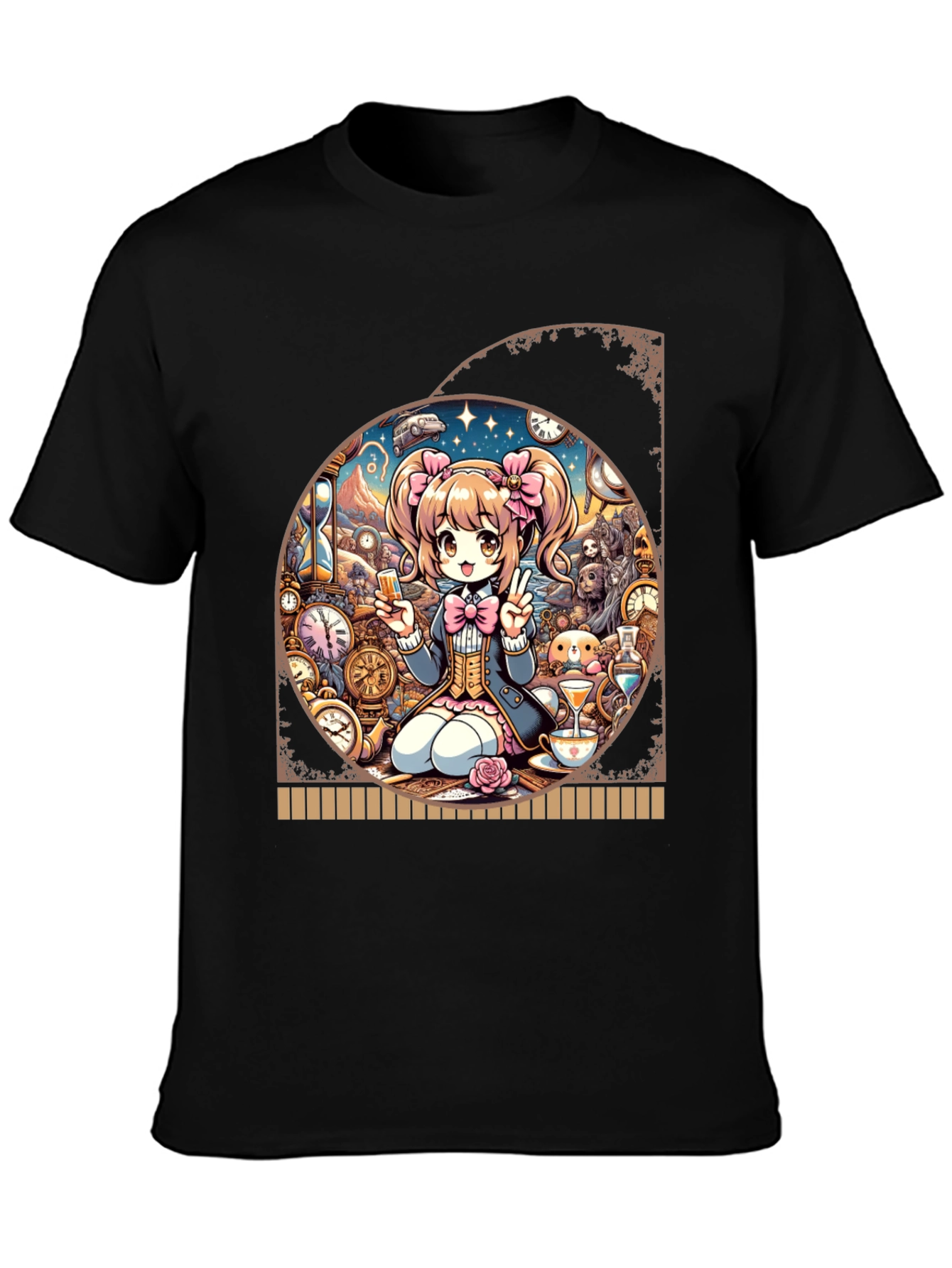Black Anime Girl Time Travel Graphic Tee - Unique Design view 3