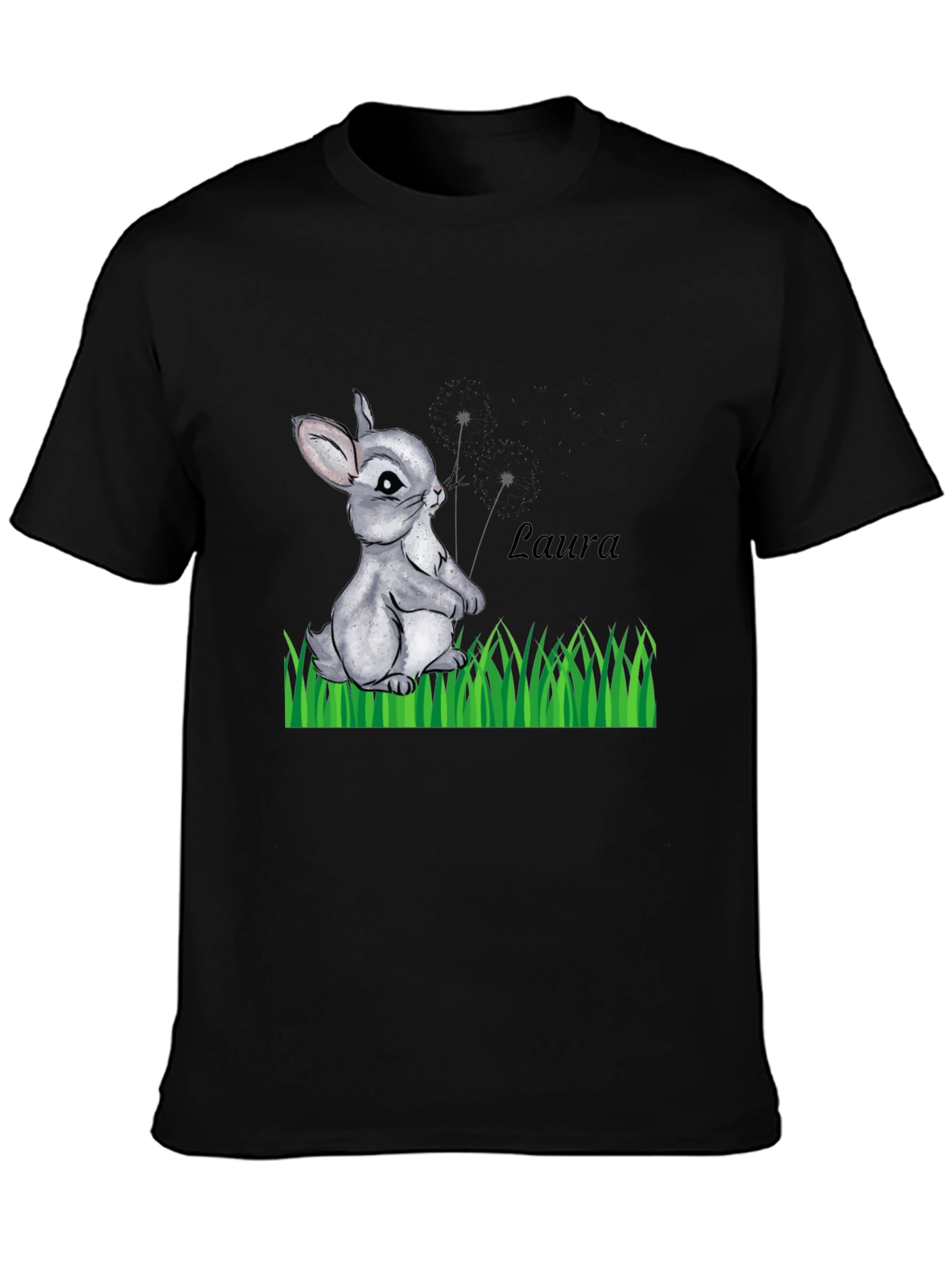 Black Cute Bunny 'Laura' Personalized Black T-Shirt view 3