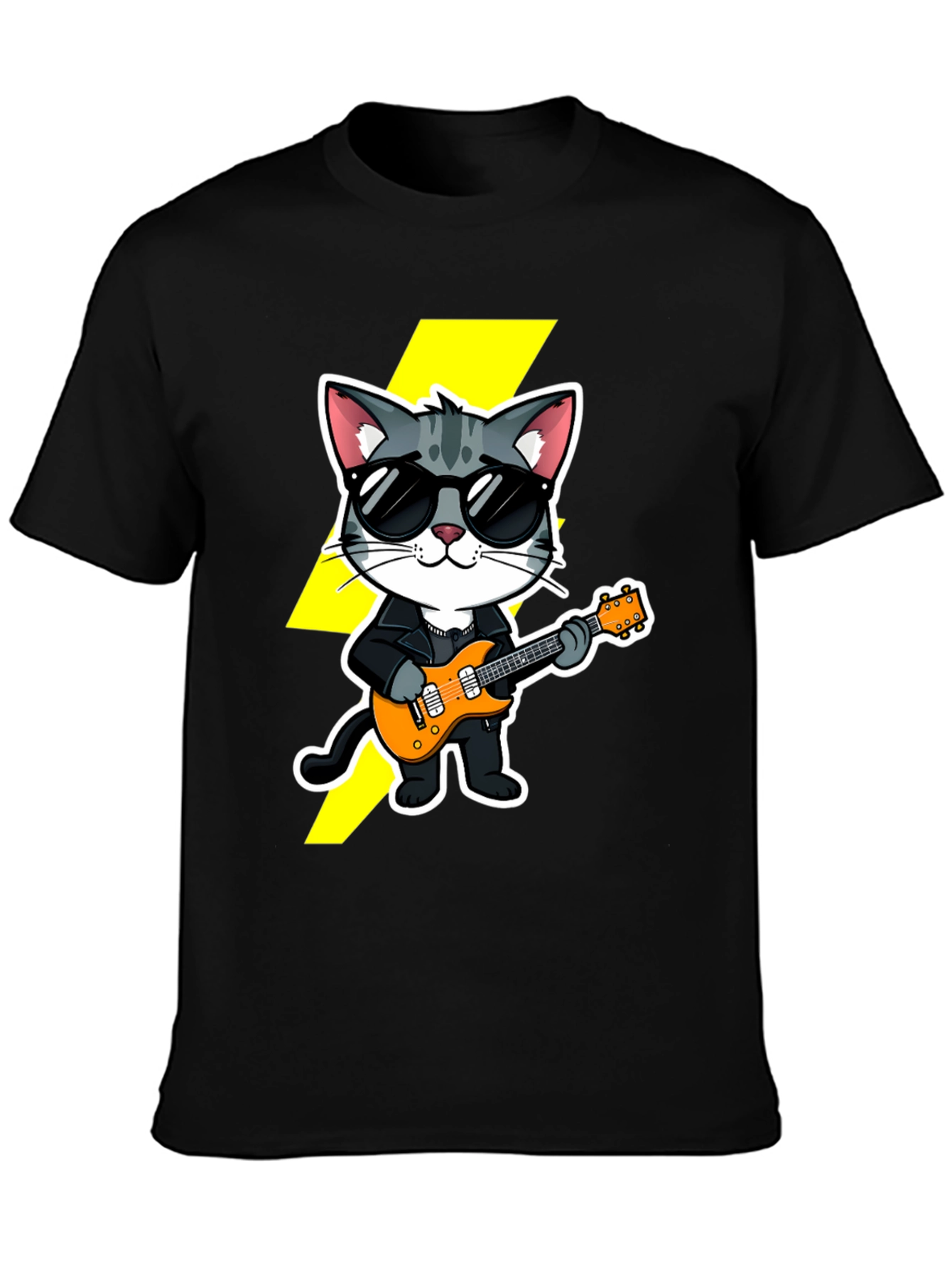 Black Rockstar Cat T-Shirt - Cool Cat with Guitar view 3