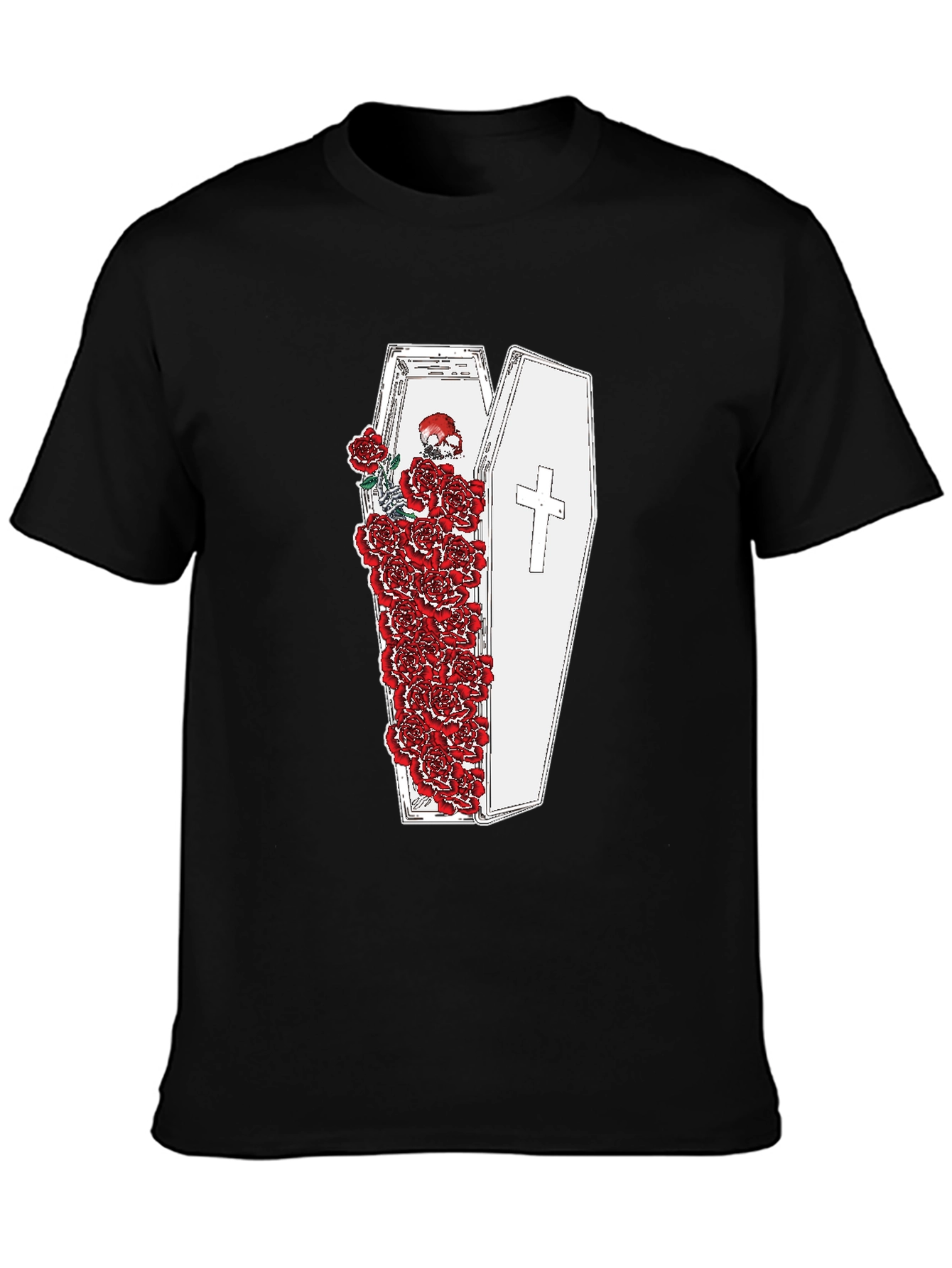 Black Gothic Coffin and Roses Graphic T-Shirt view 3