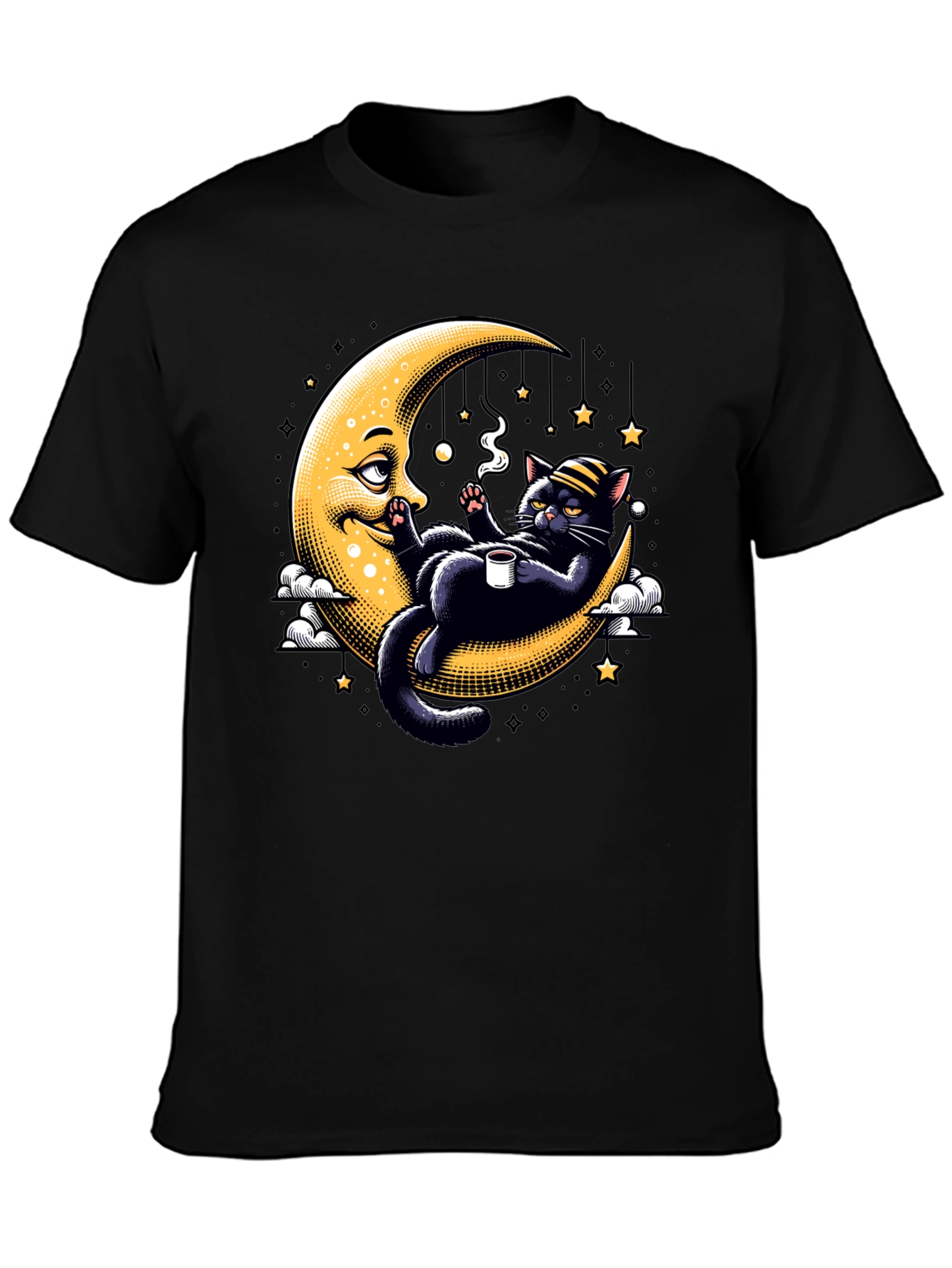 Black Cool Cat on Moon T-Shirt view 3