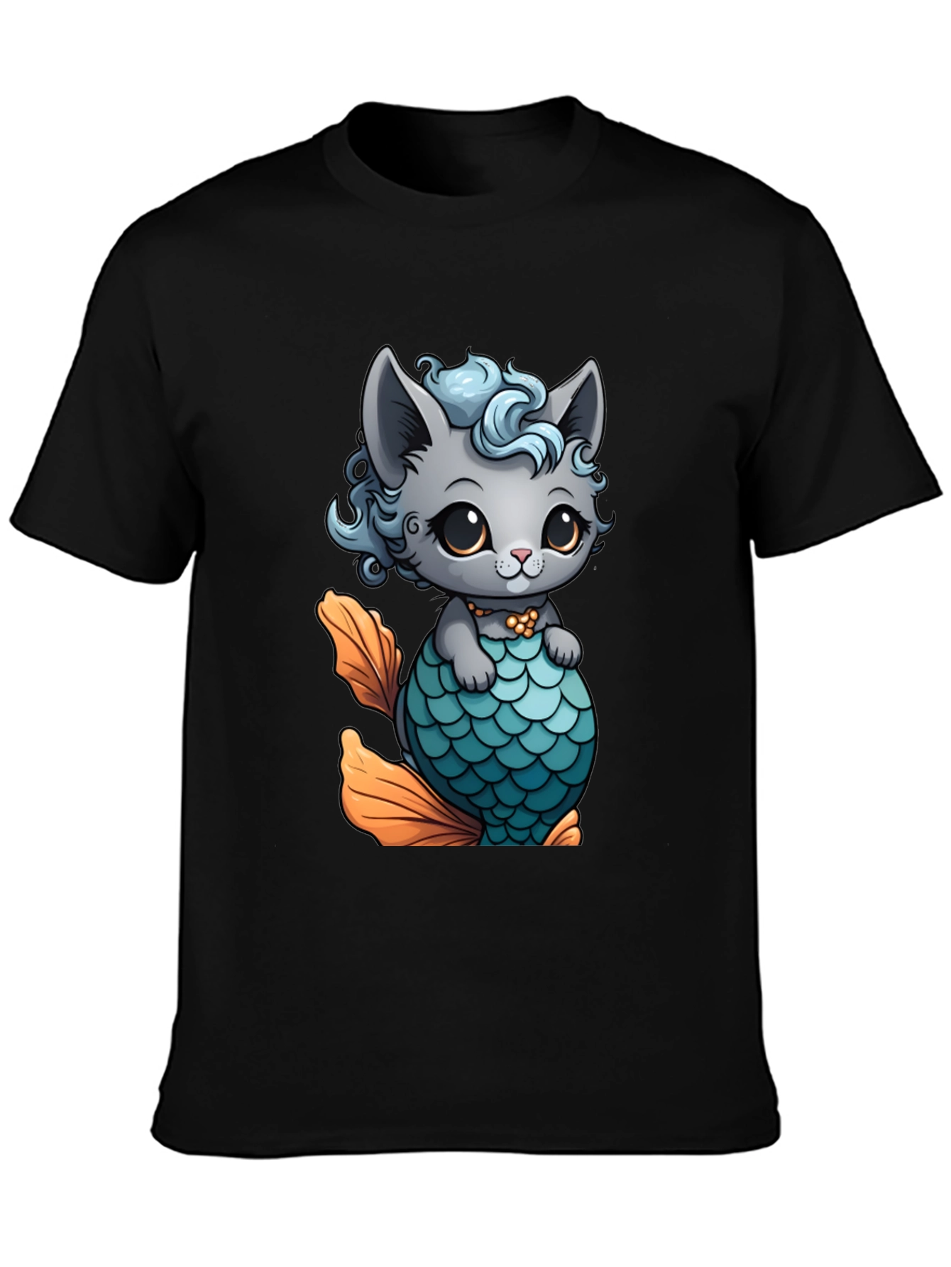 Black Cute Cat Mermaid T-Shirt - Unique Graphic Tee view 3