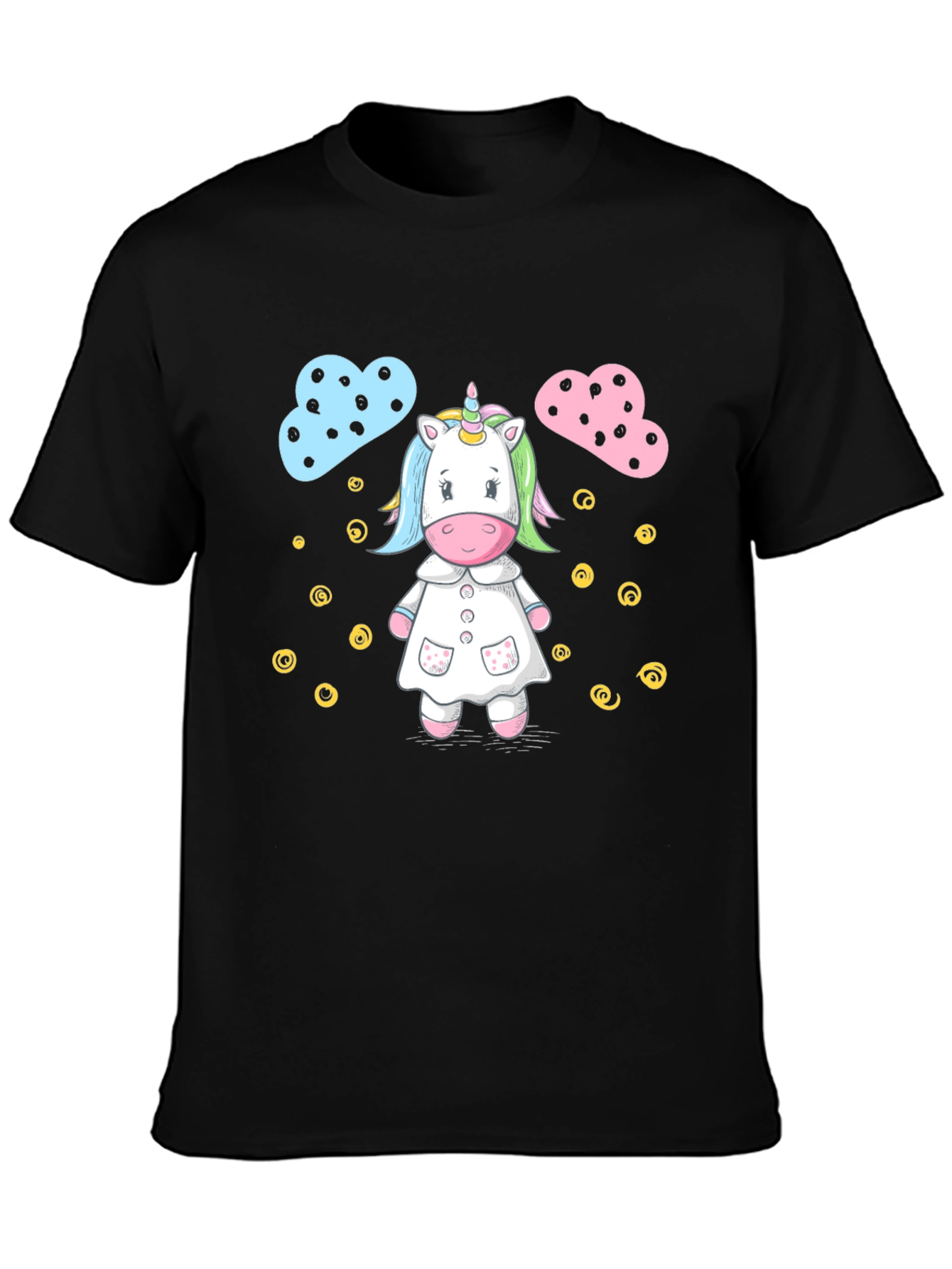 Black Cute Unicorn Cartoon Print Black T-Shirt view 3