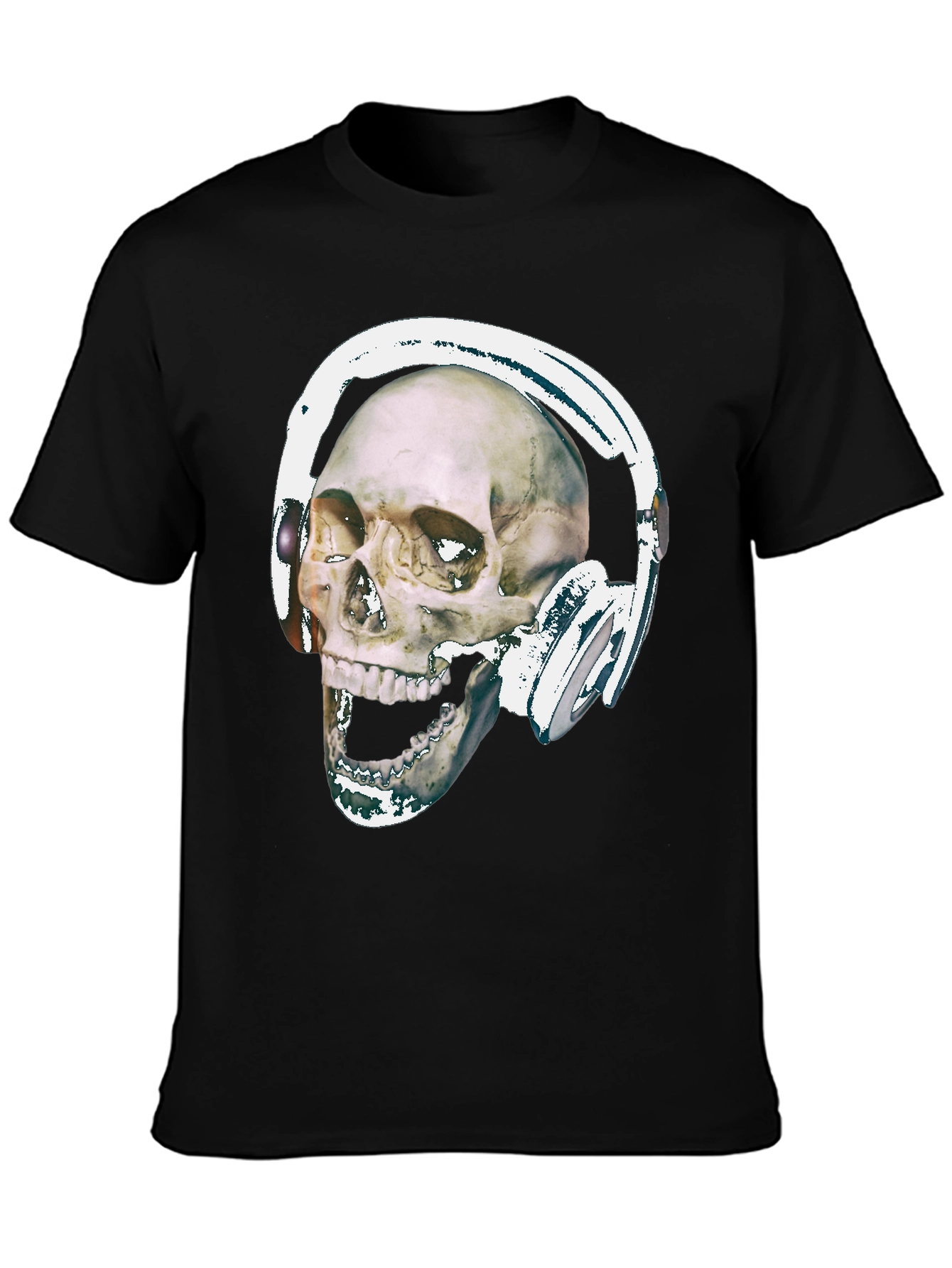 Black Skull With Headphones Graphic Tee - Black Cotton view 3