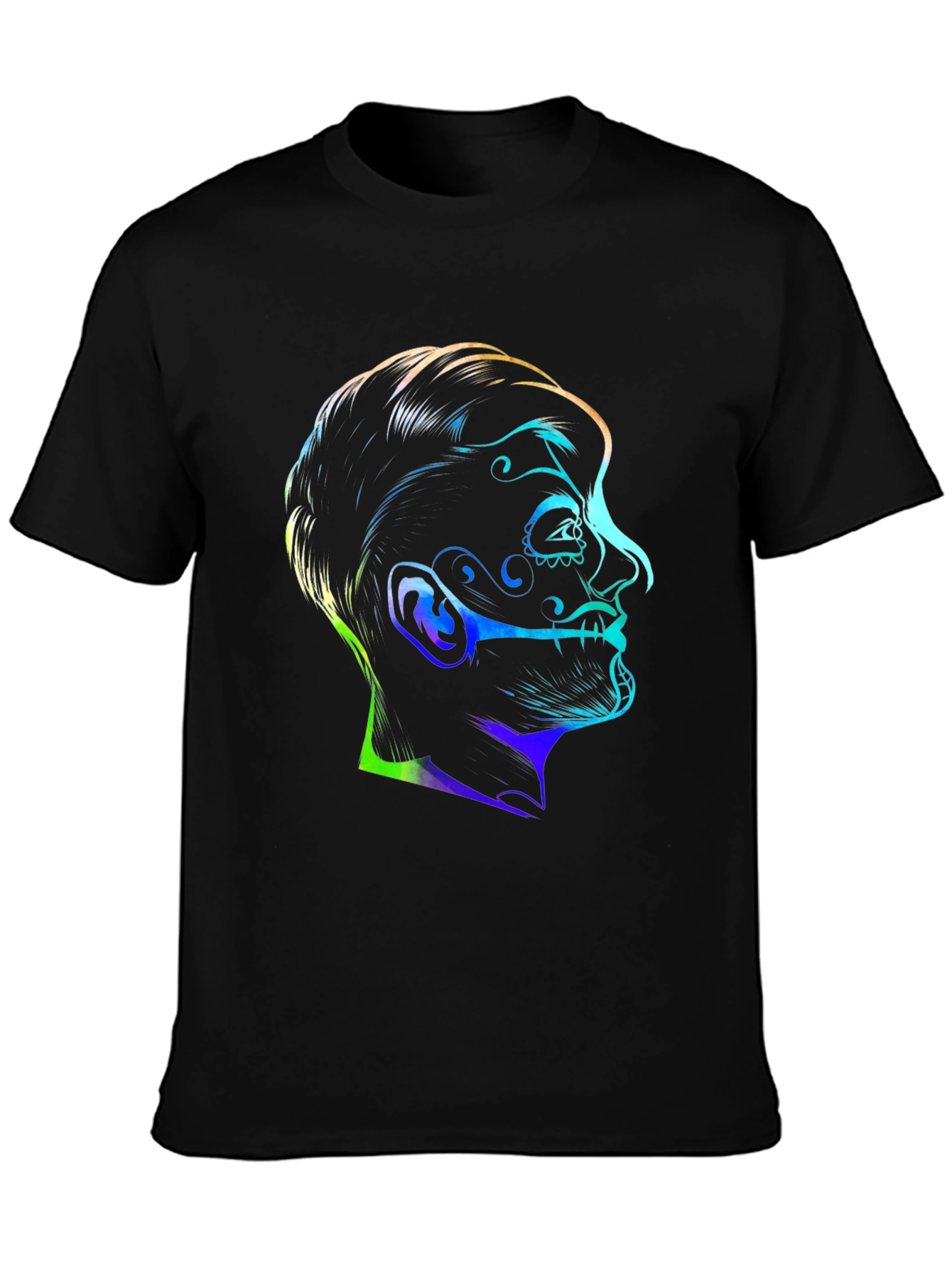Black Colorful Sugar Skull Face Graphic Black T-Shirt view 3