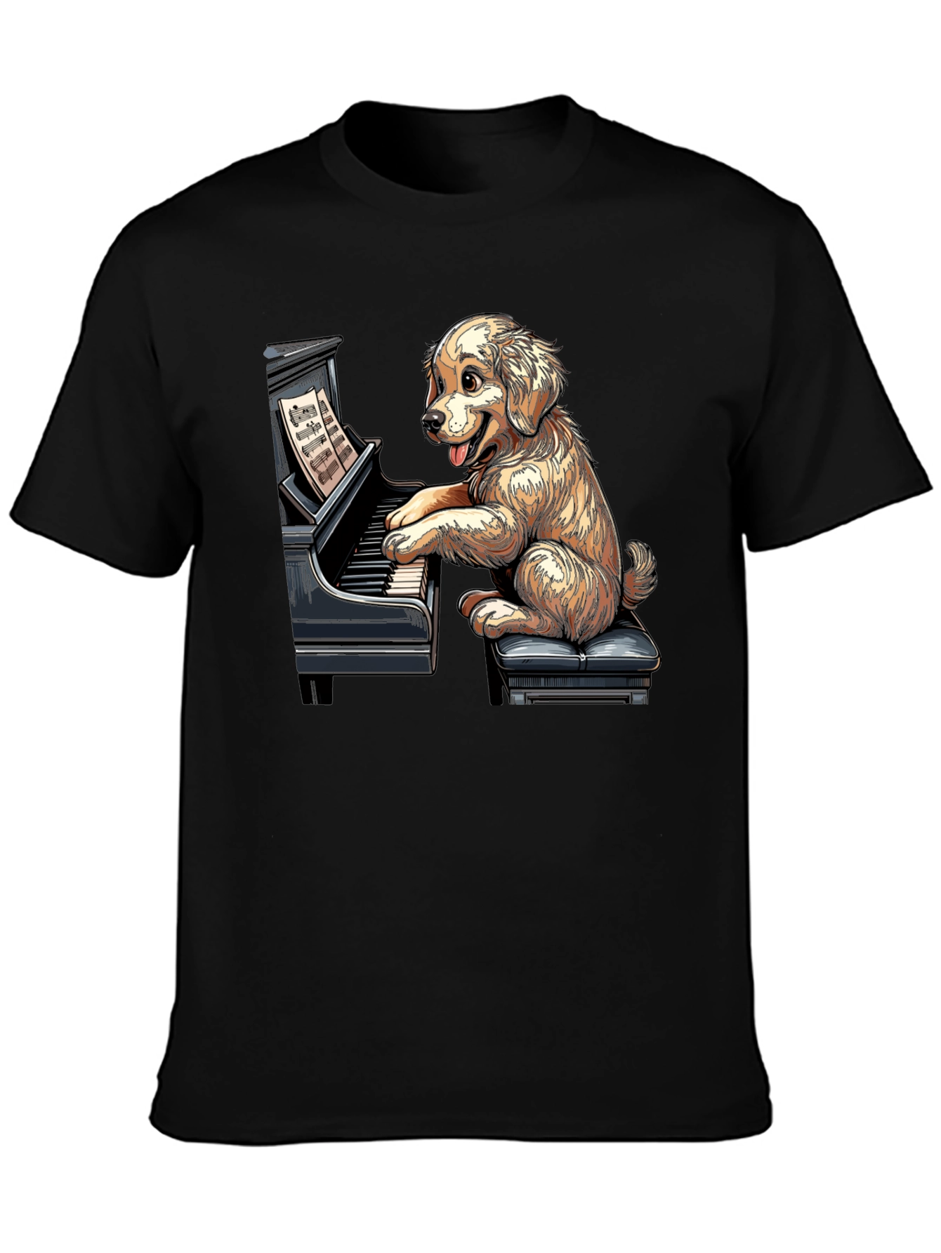 Black Dog Playing Piano Graphic Tee - Unisex Black T-Shirt view 3