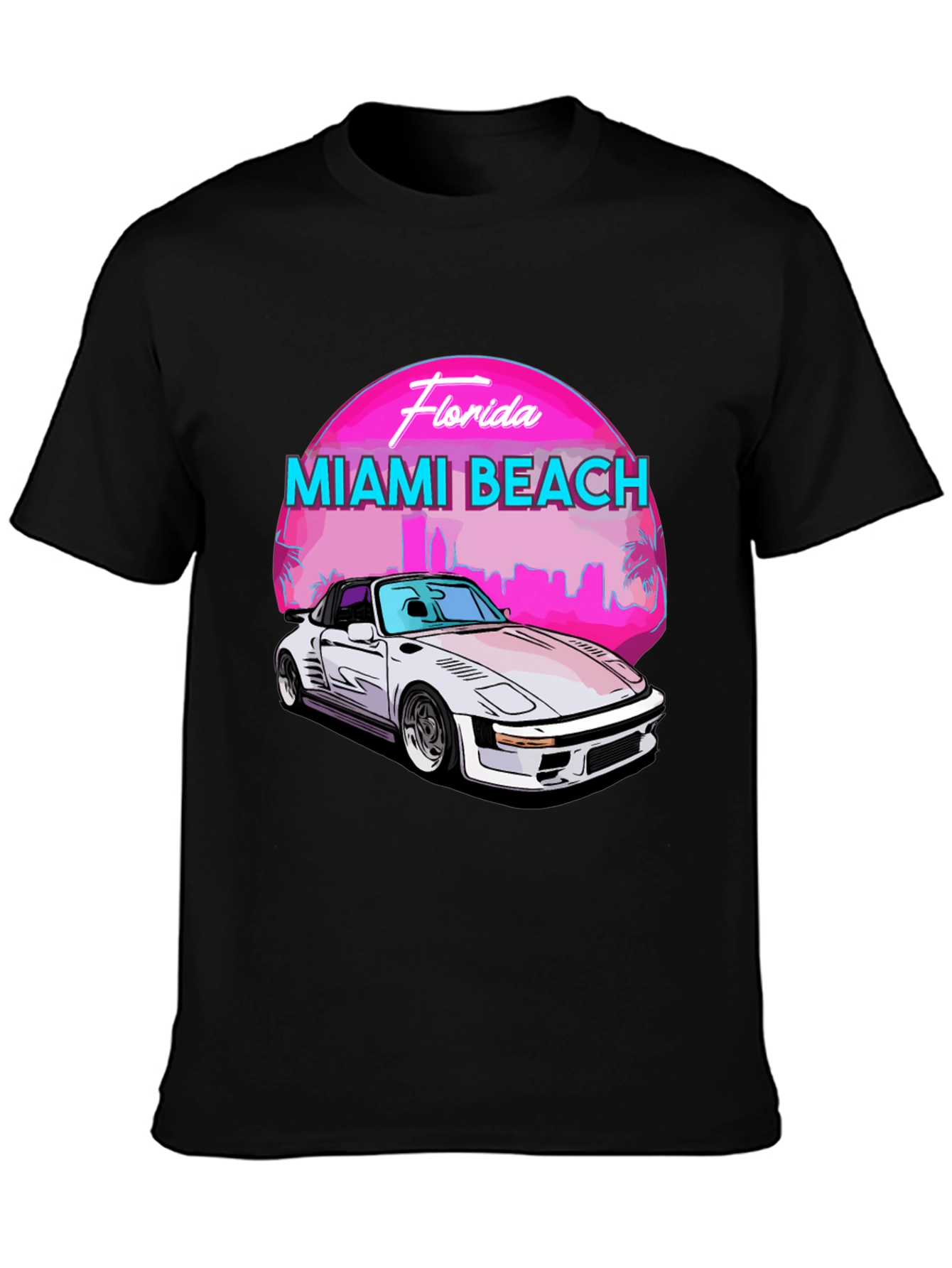 Black Miami Beach Florida T-Shirt - Retro Car Design view 3