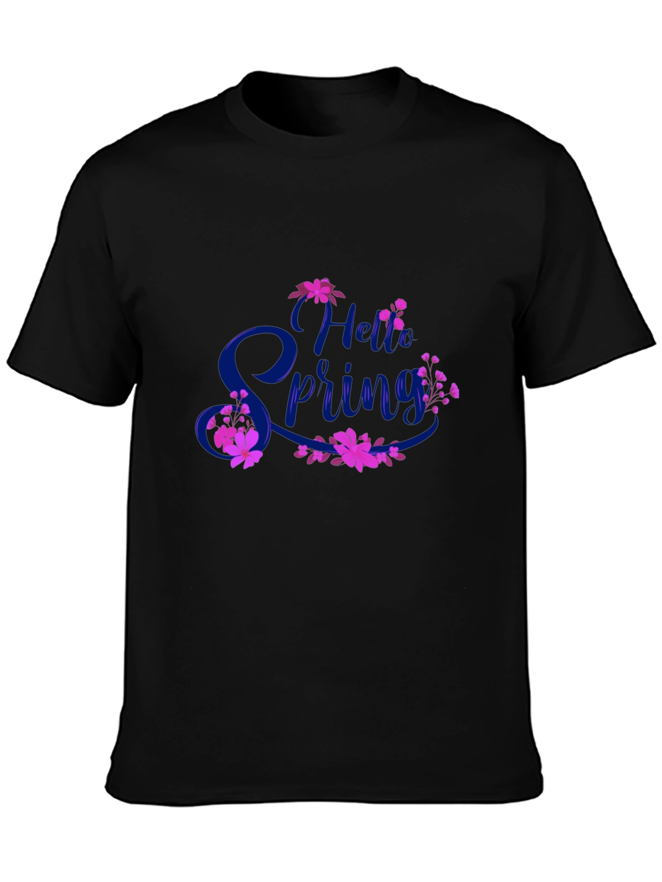Black Hello Spring Black T-Shirt Floral Design view 3