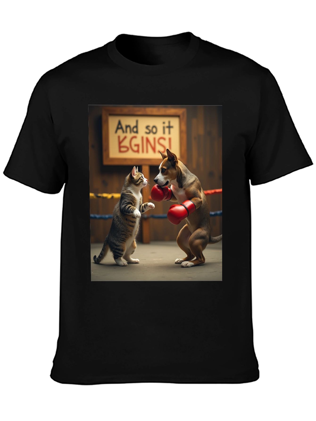 Black Boxing Cat and Dog Graphic Tee view 3