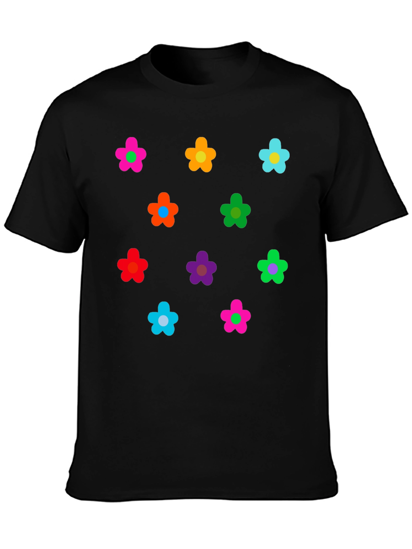 Black Colorful Flower Pattern Black T-Shirt view 3