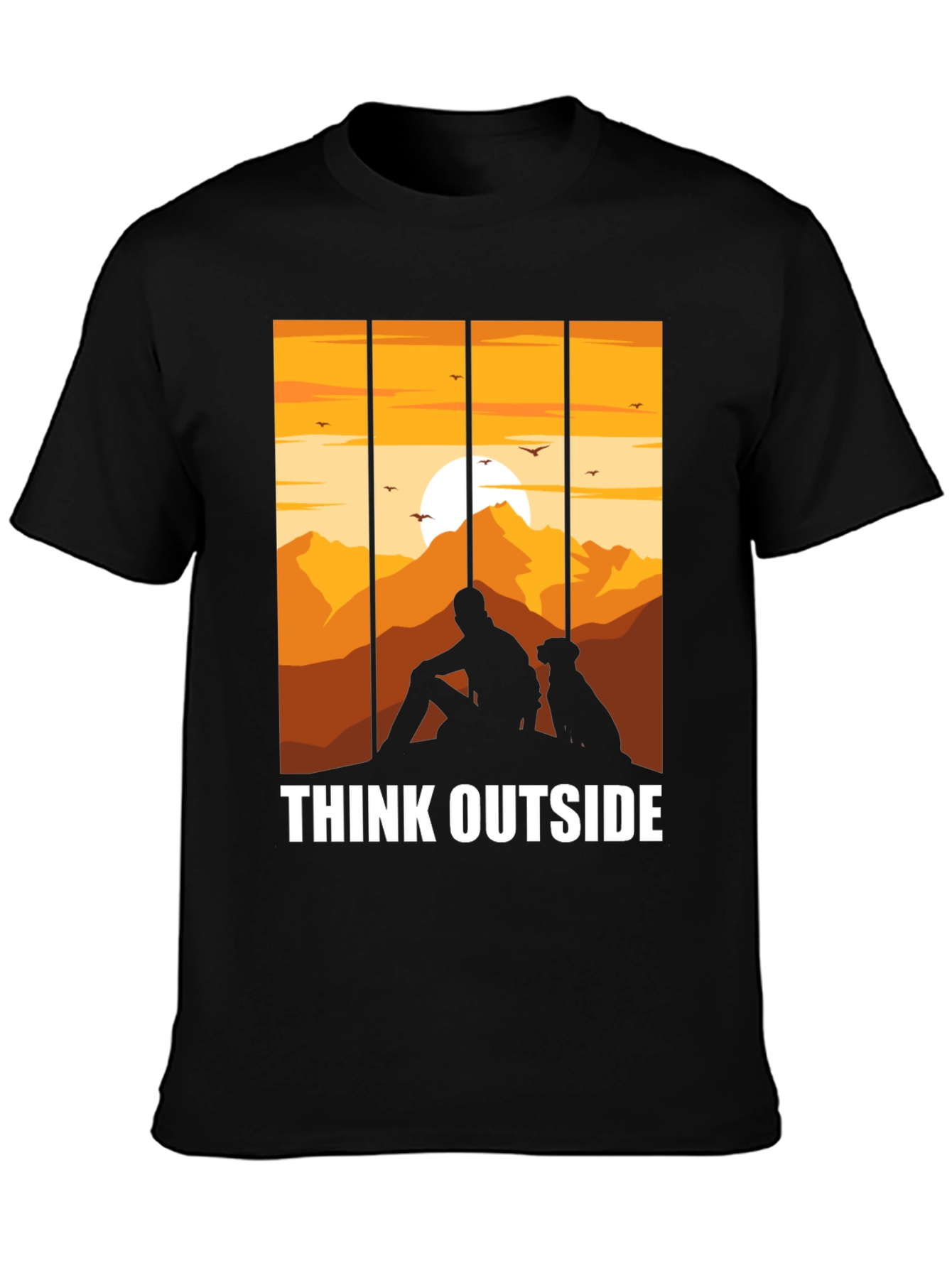 Black Think Outside Black T-Shirt, Man and Dog Sunset Graphic Tee view 3