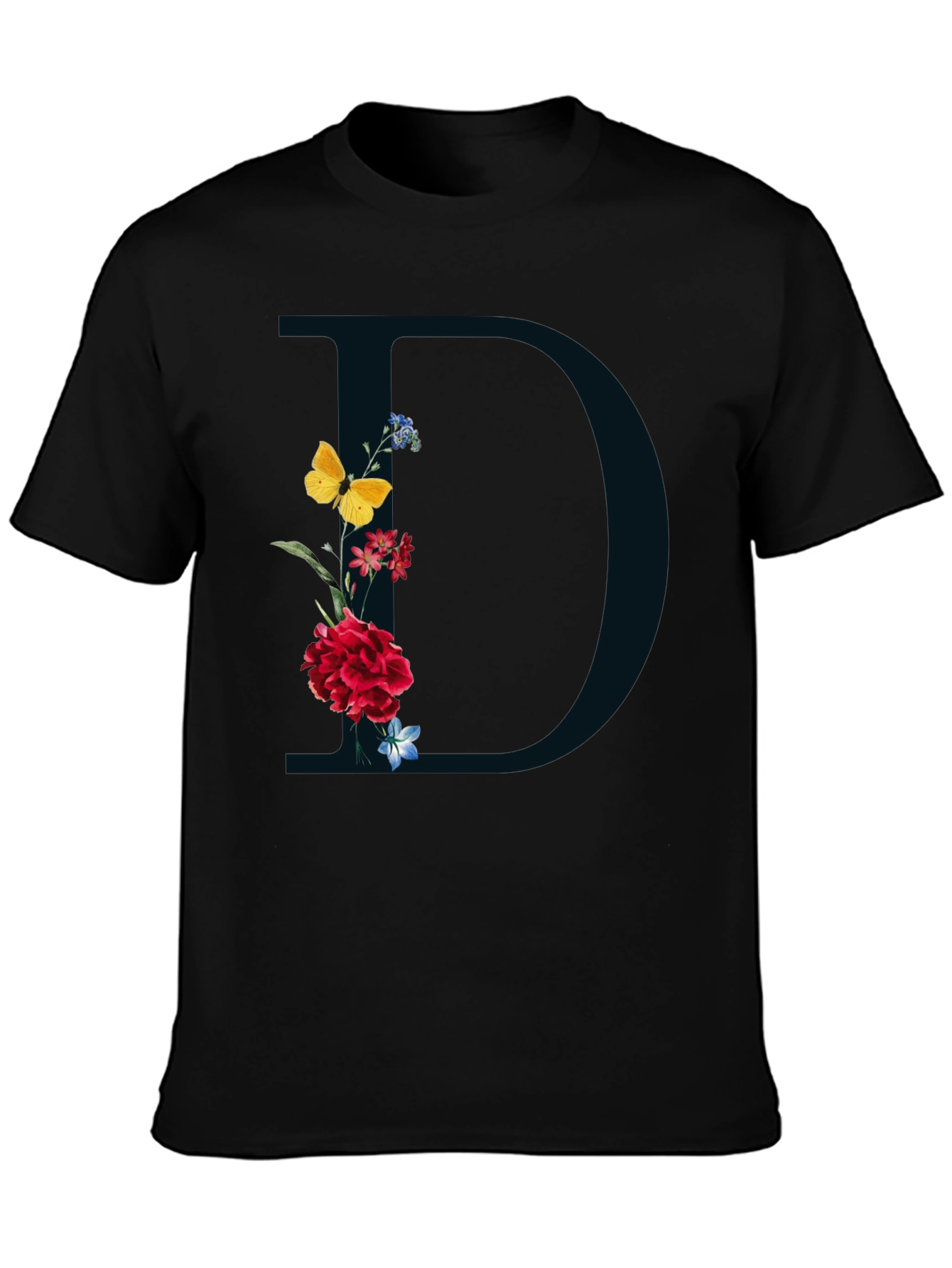 Black Floral Initial 'D' Graphic Tee - Elegant Design view 3