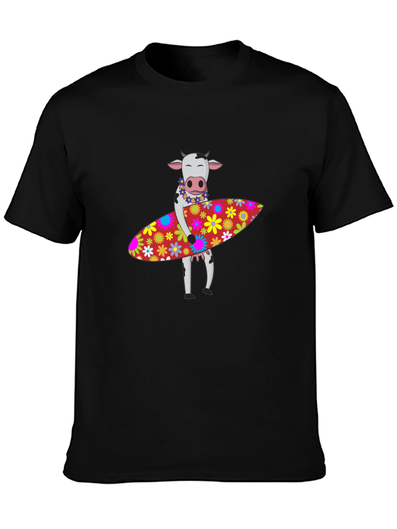 Black Surfing Cow Graphic Tee - Black Cotton T-Shirt view 3