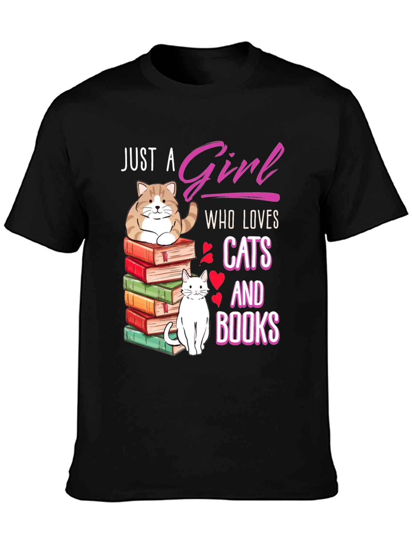 Black Just A Girl Who Loves Cats and Books T-Shirt view 3