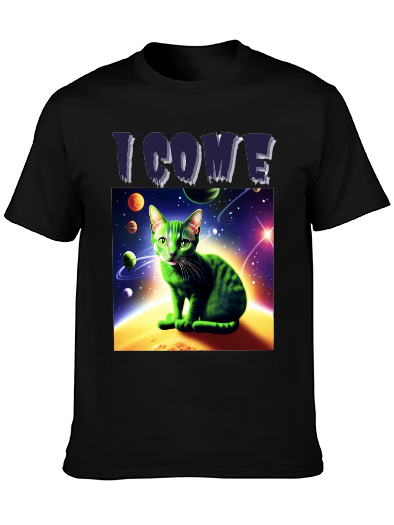 Black I Come In Peace Cat T-Shirt - Space Alien Green Kitty Tee view 3