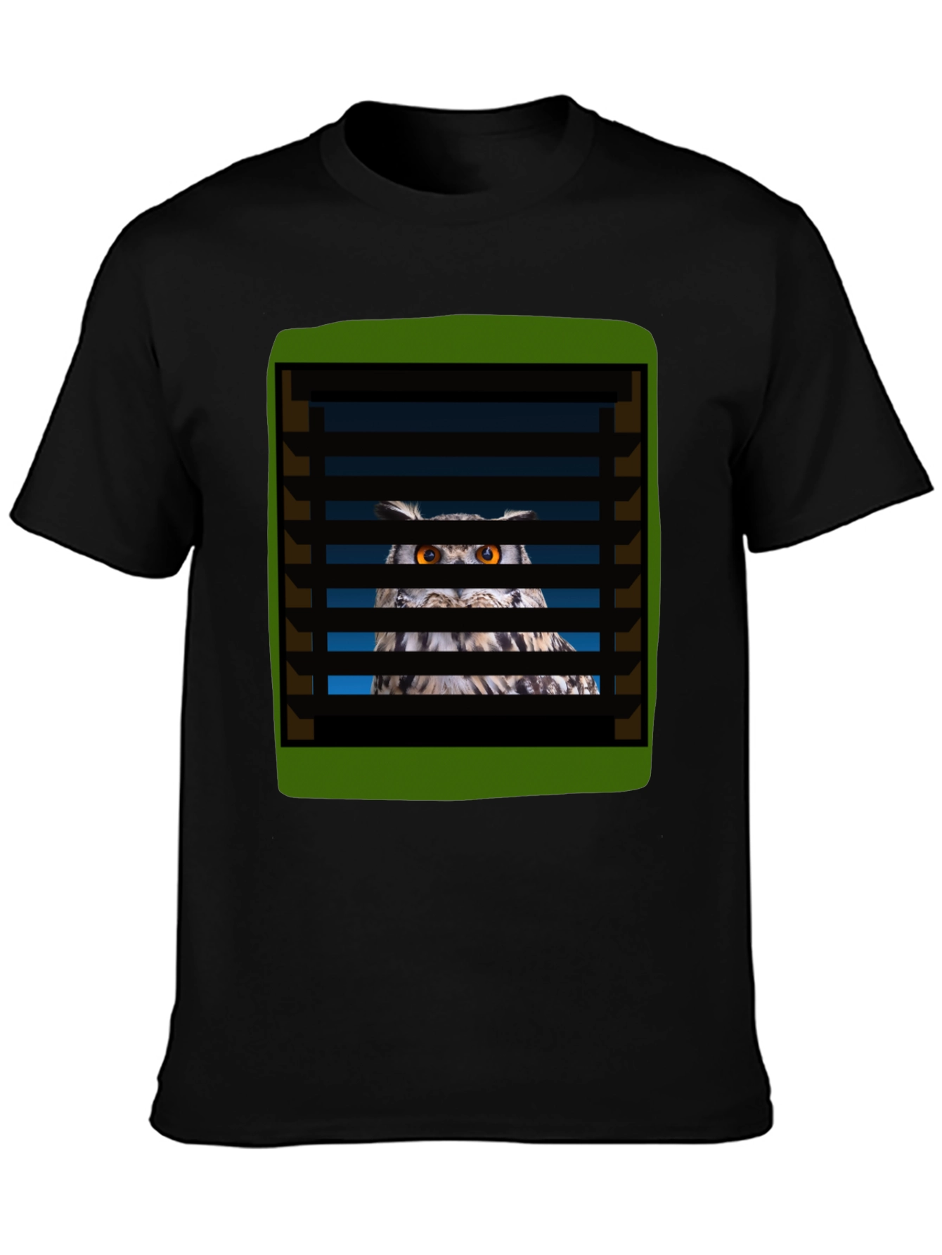 Black Owl Peeking Through Blinds Graphic T-Shirt view 3